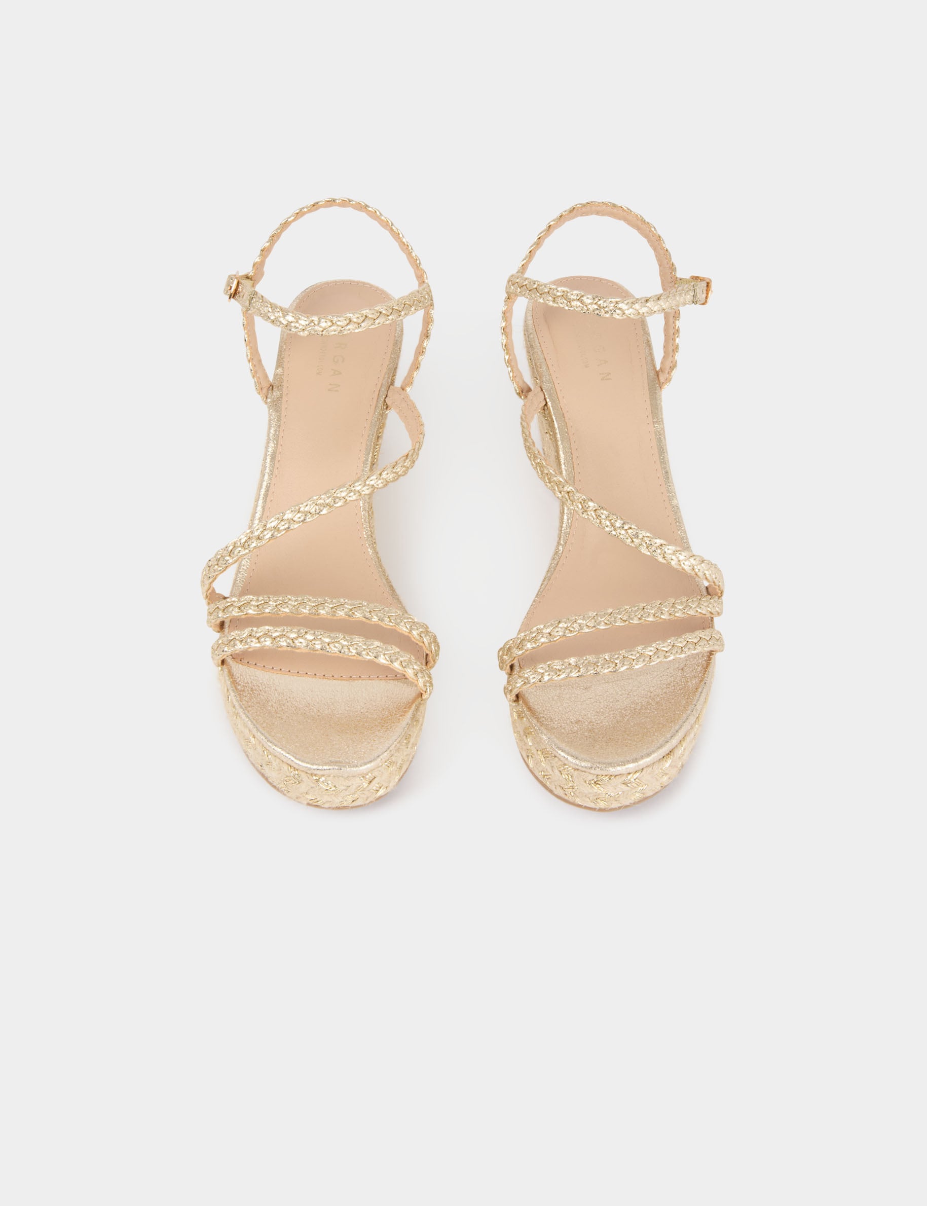 Sandale compens&eacute;e tress&eacute;e jaune or femme