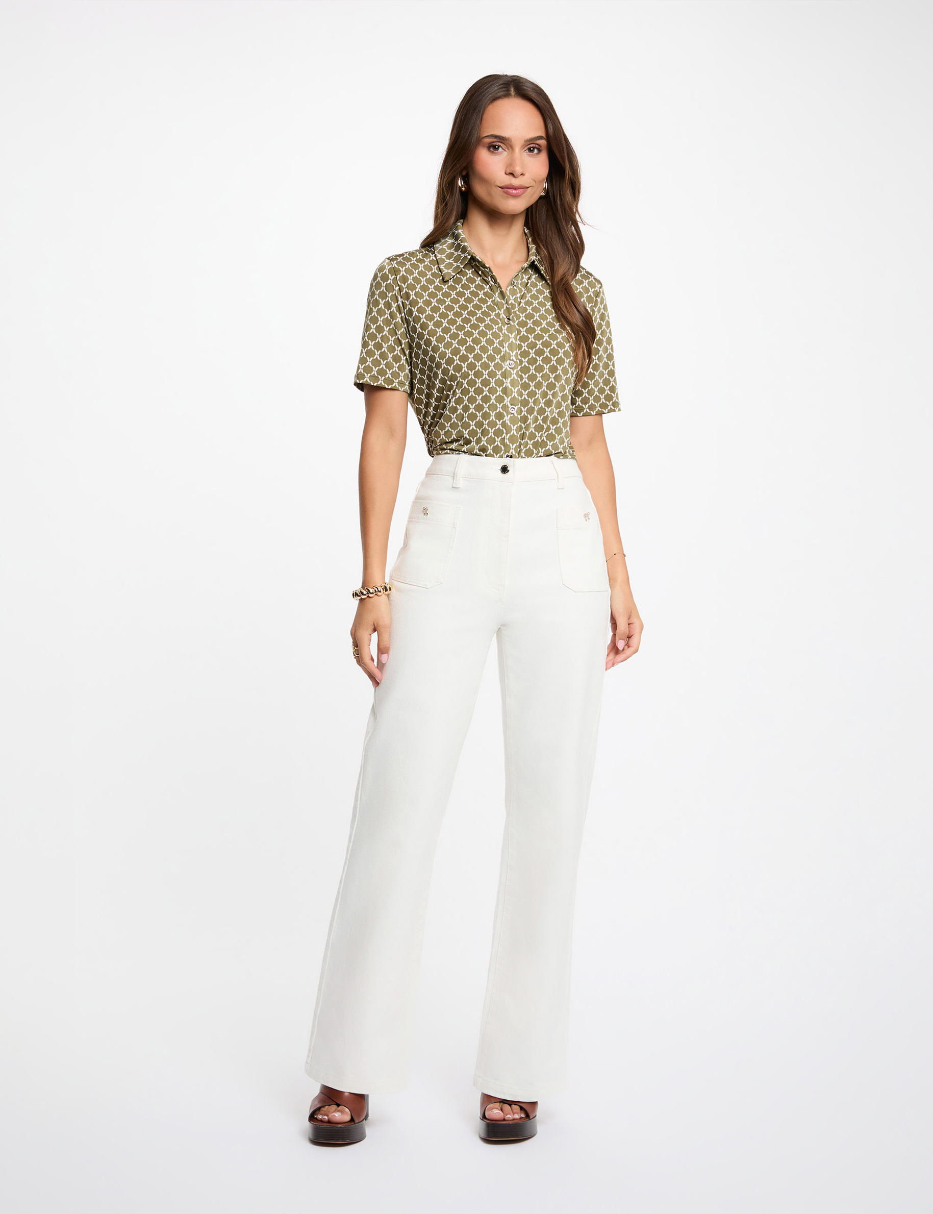 Chemise imprim&eacute;e col &agrave; revers vert kaki femme