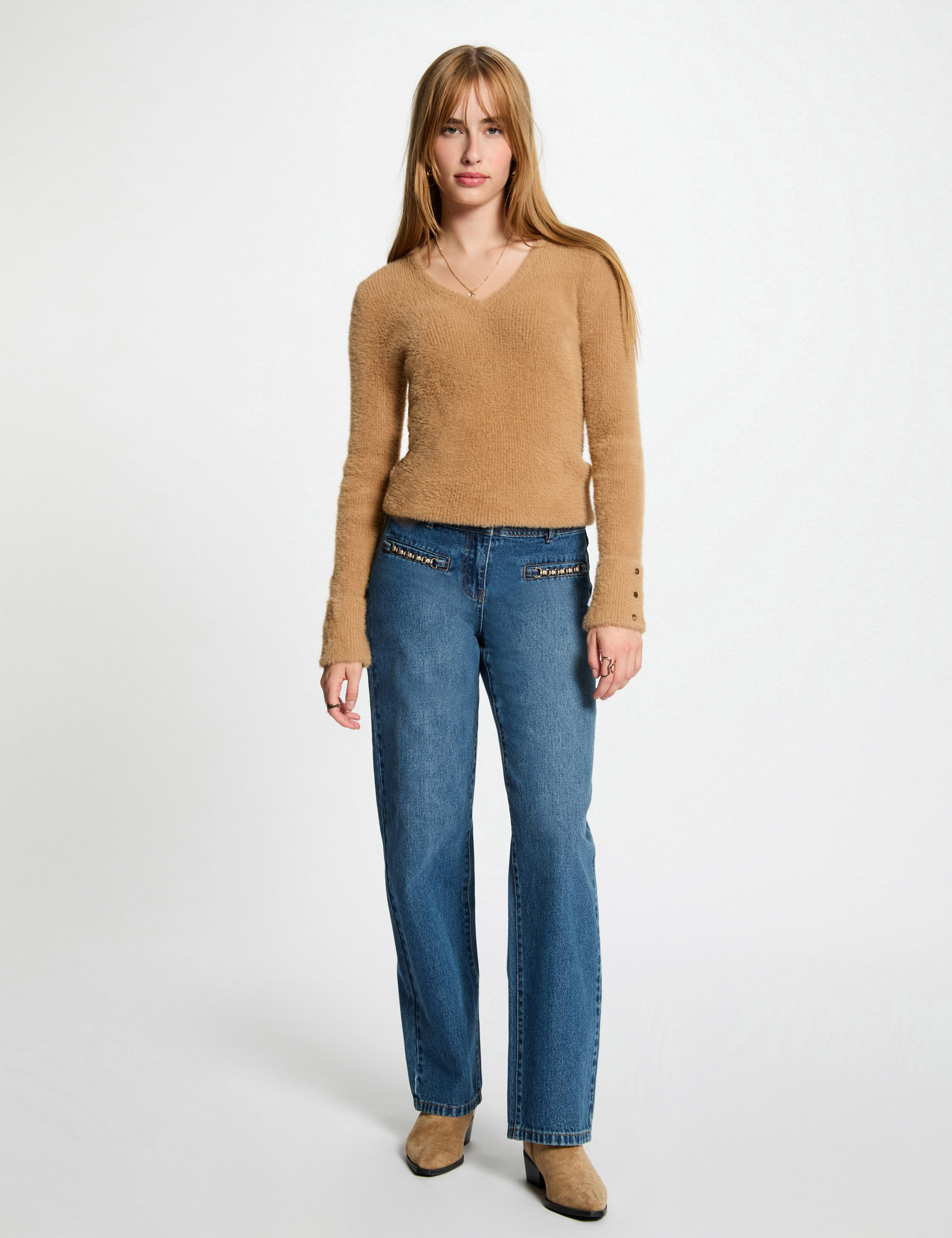 pull manches longues maille duveteuse camel femme Pull manches longues maille duveteuse camel femme