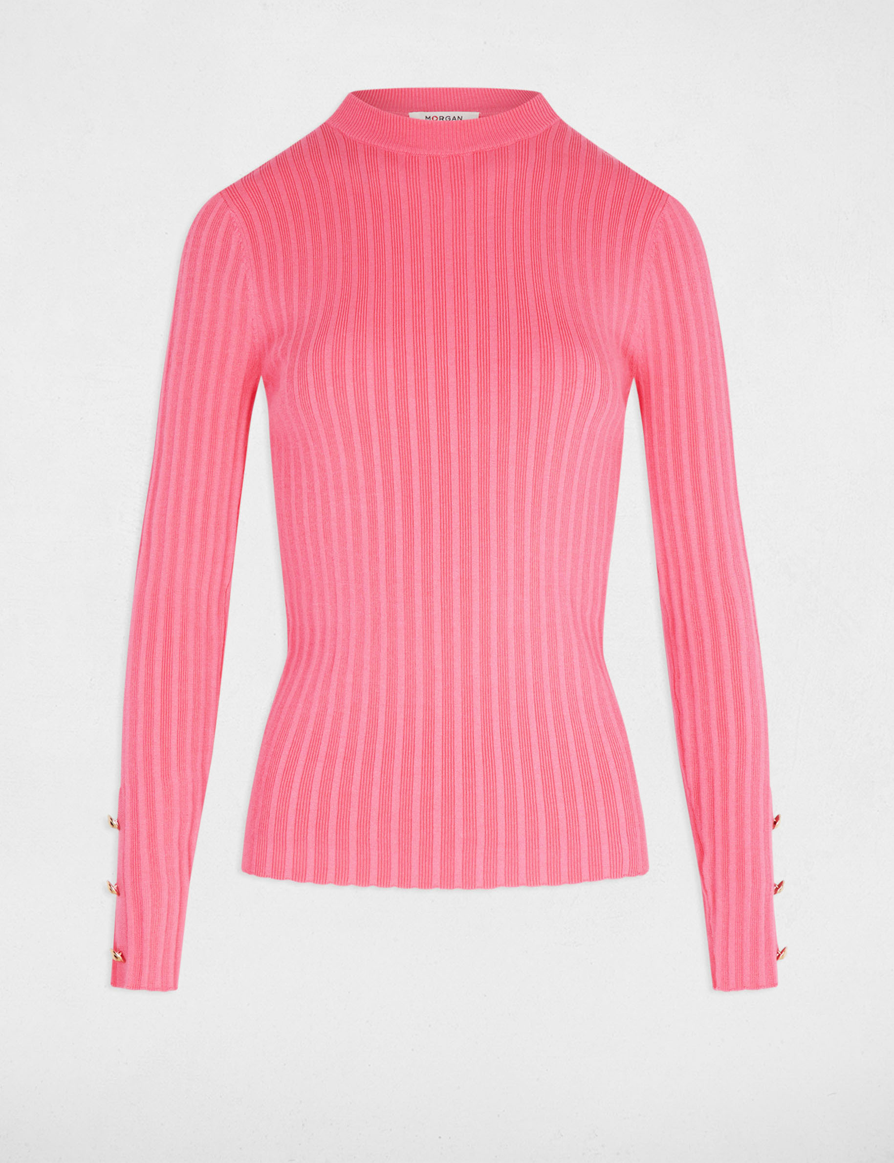 getailleerde trui met opstaande kraag fuchsia roze vrouw Getailleerde trui met opstaande kraag fuchsia roze vrouw
