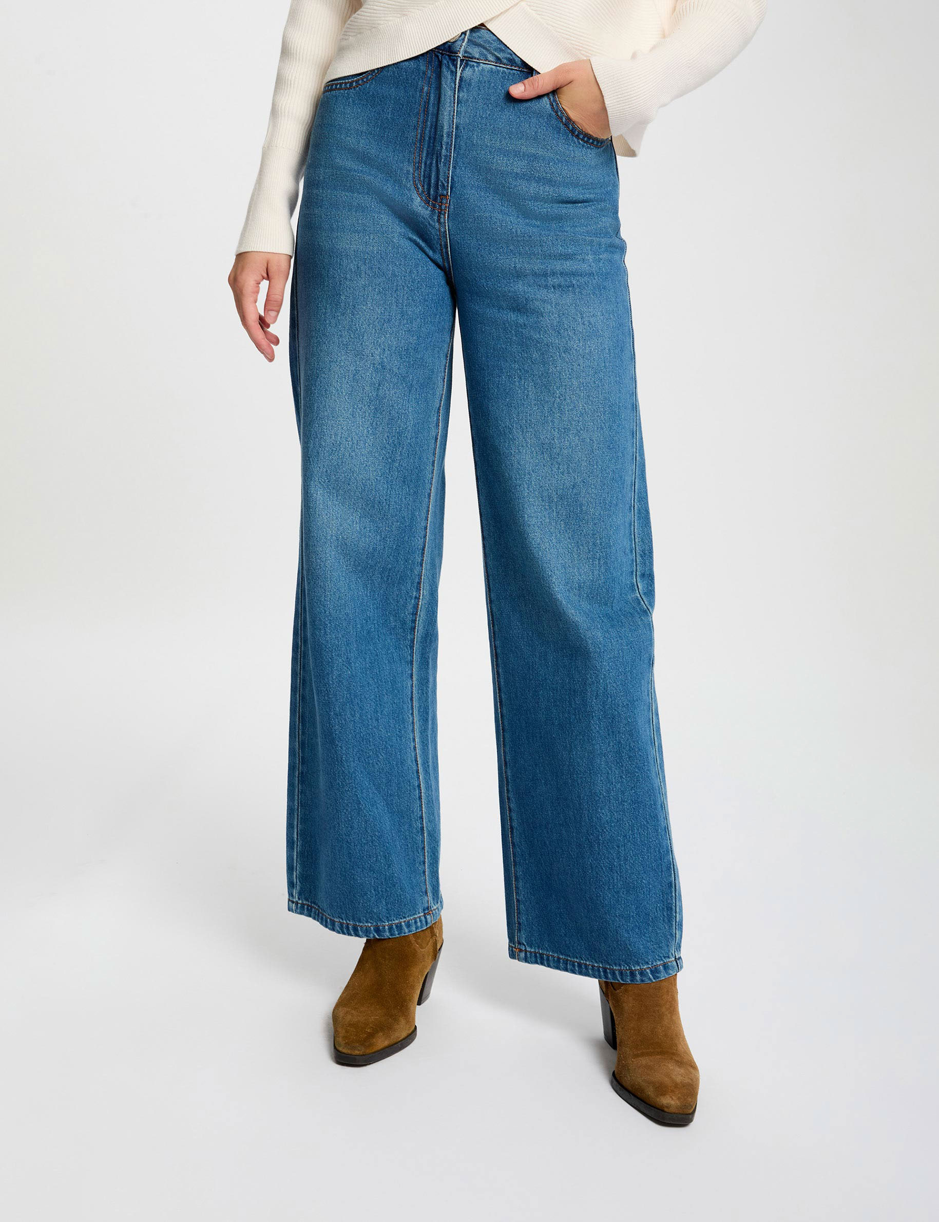 Pantalon large taille haute denim stone femme