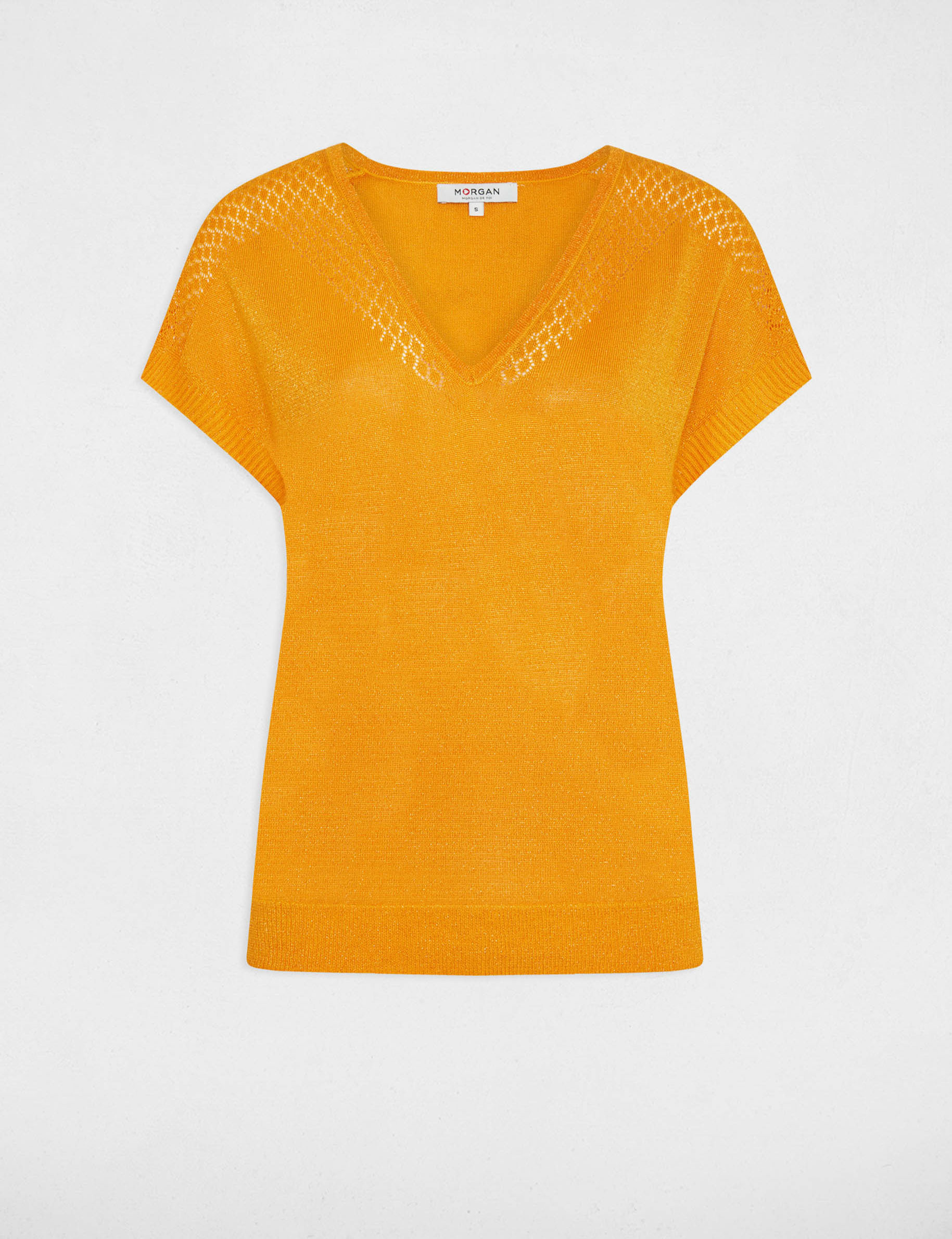 Pull col en V manches courtes orange femme