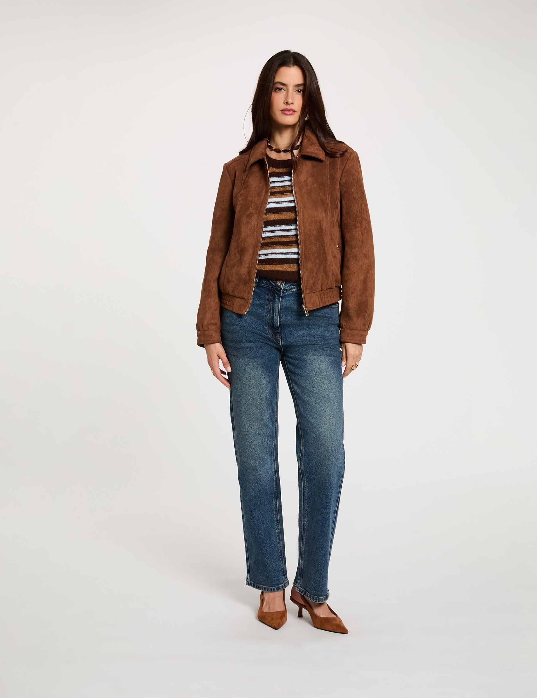 Blouson su&eacute;dine marron cognac femme