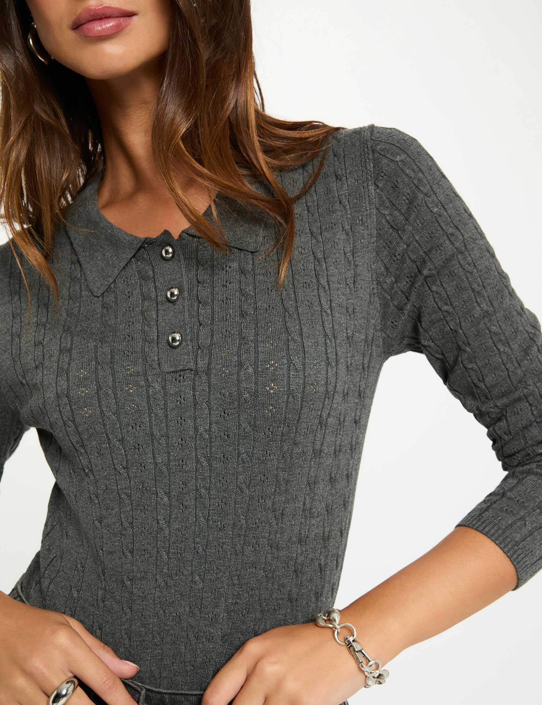 Pull ajusté col polo gris foncé femme
