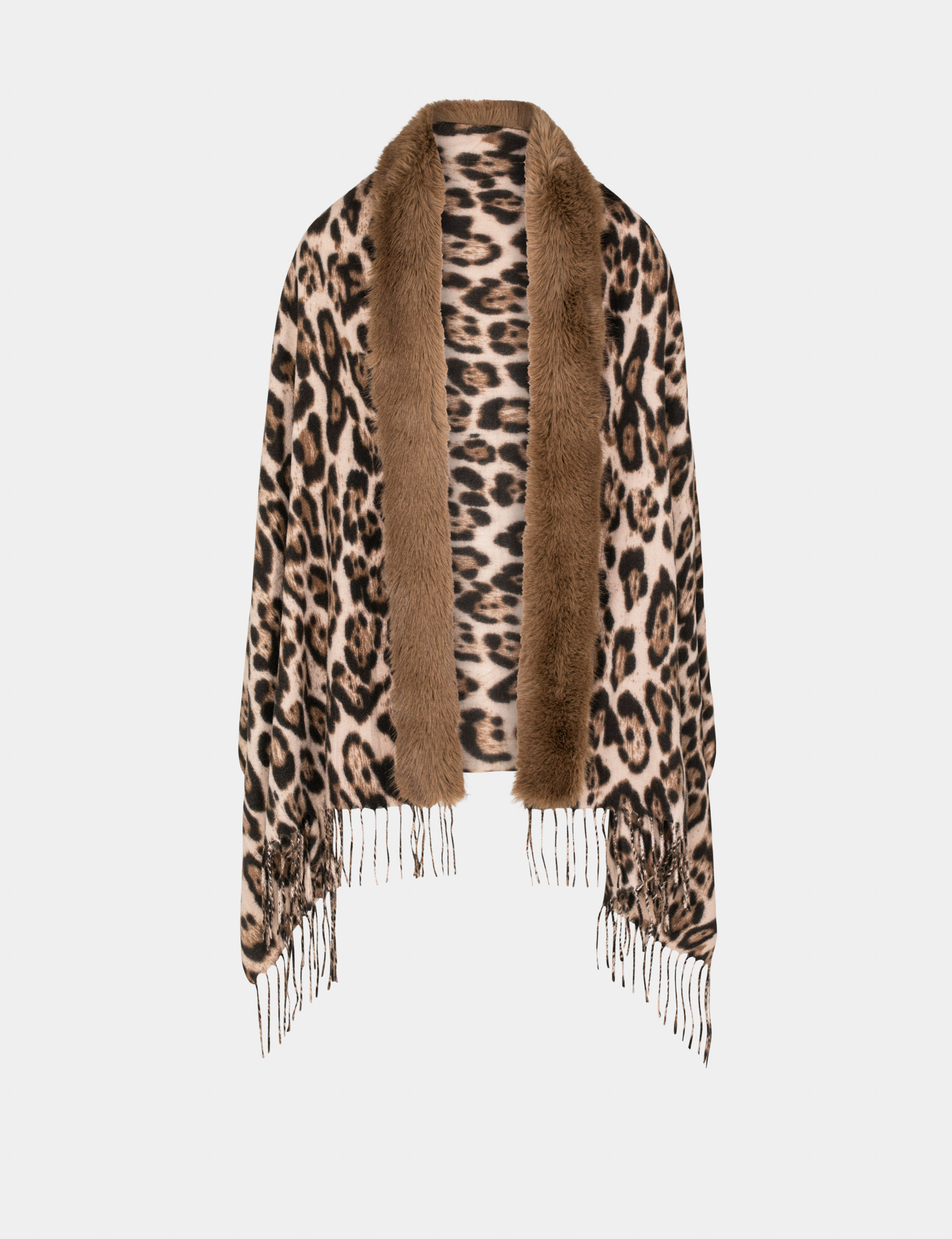 Poncho avec franges et imprimé léopard marron femme