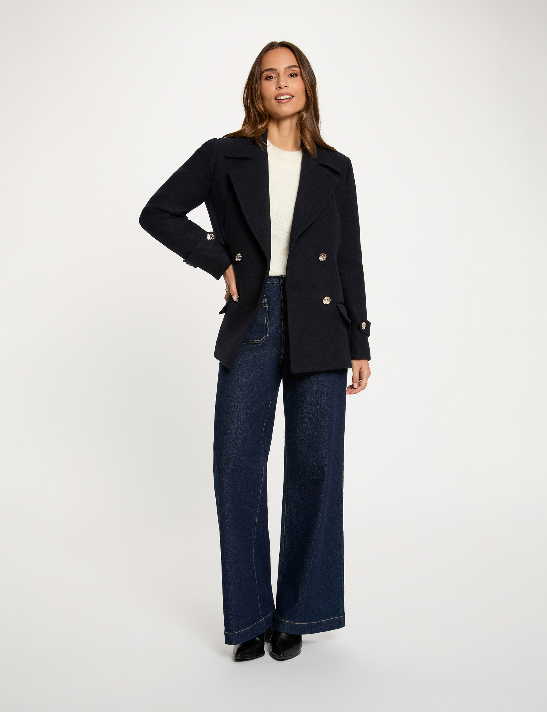 Manteau droit col tailleur bleu marine femme