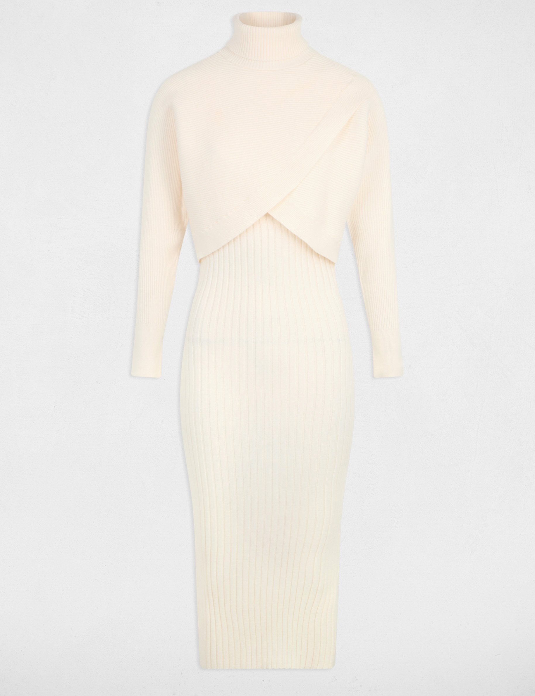 Gebreide jurk met colletje ivoor vrouw