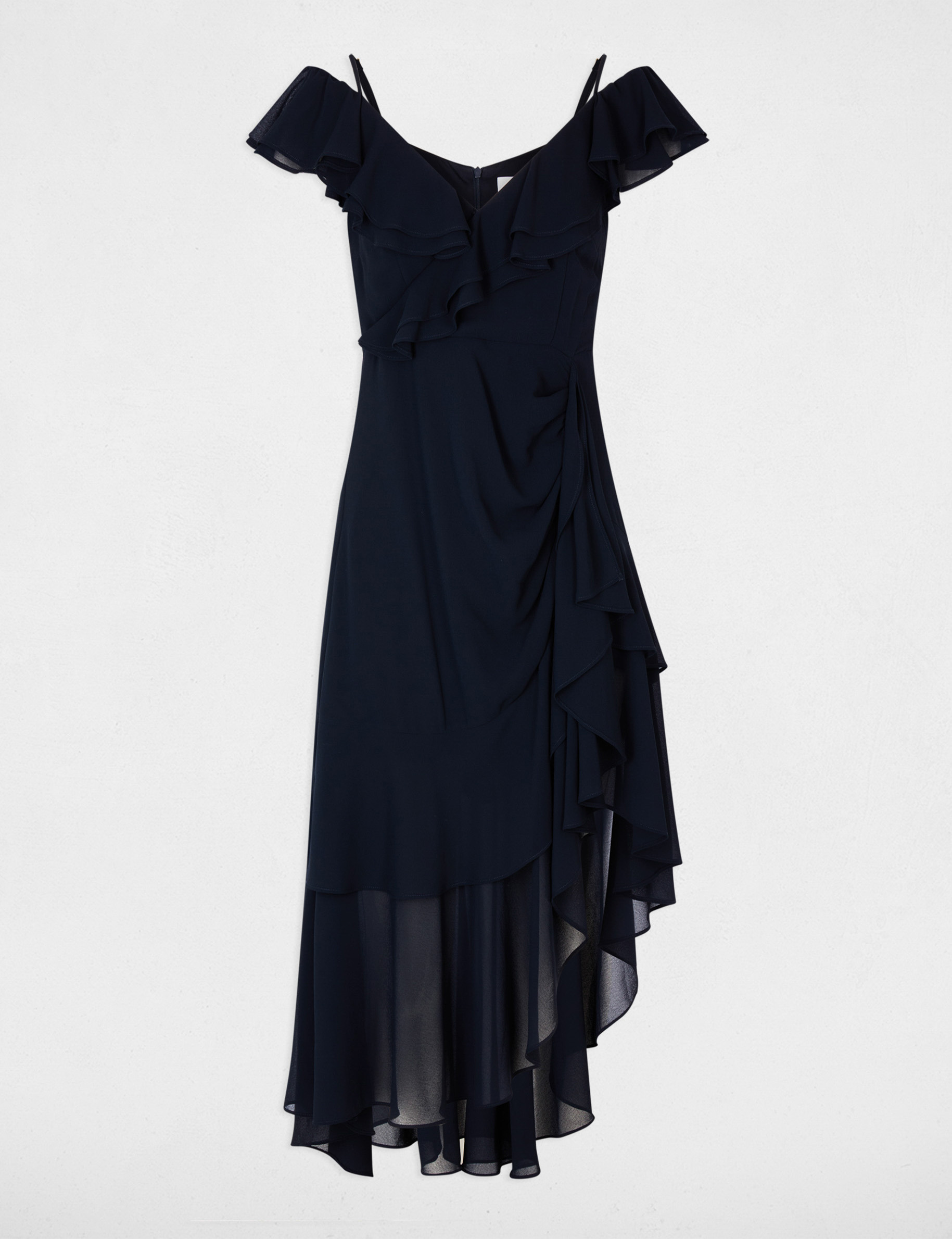 Rechte midi-jurk met ruches marineblauw vrouw