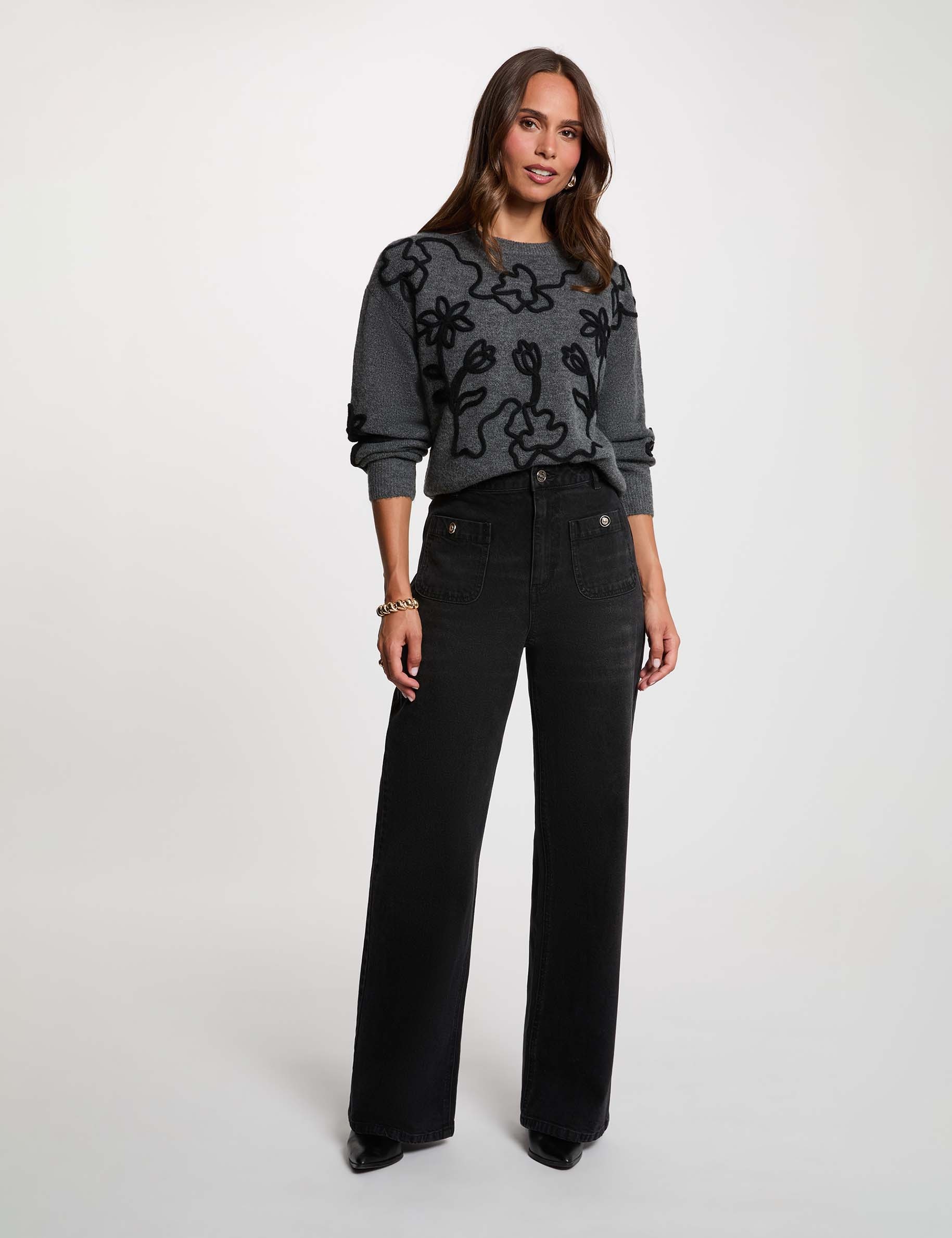 Pull col rond fantaisie gris fonc&eacute; femme