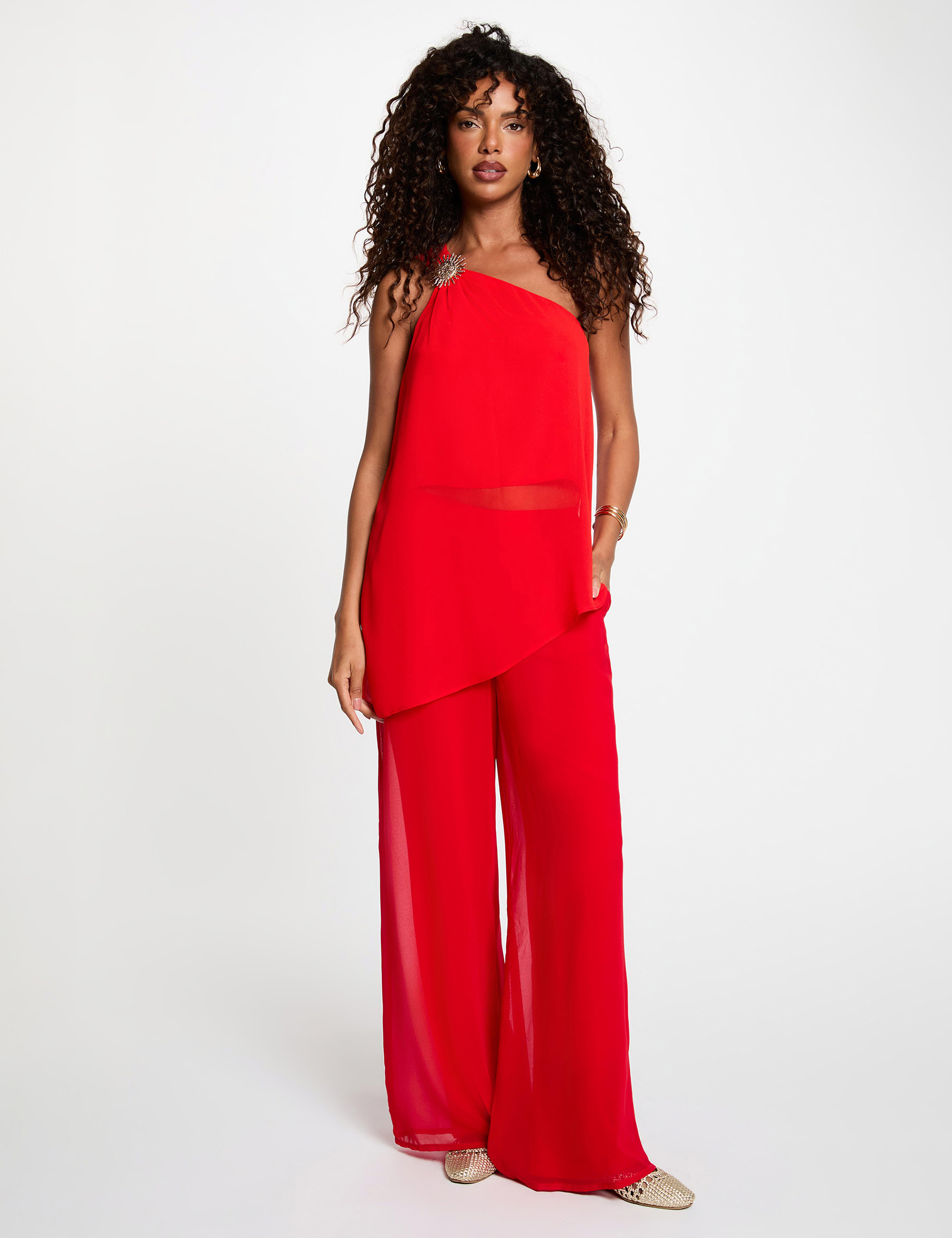 Top voile asym&eacute;trique rouge femme