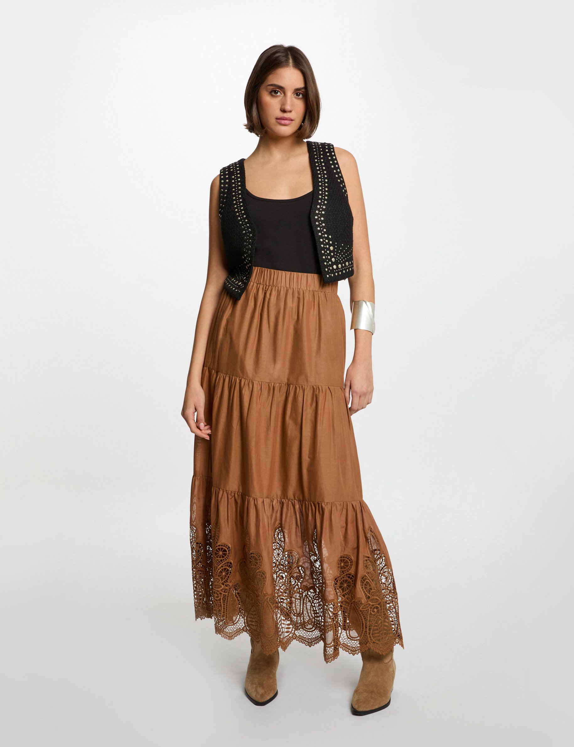 lange rok met kanten details cognacbruin vrouw Lange rok met kanten details cognacbruin vrouw