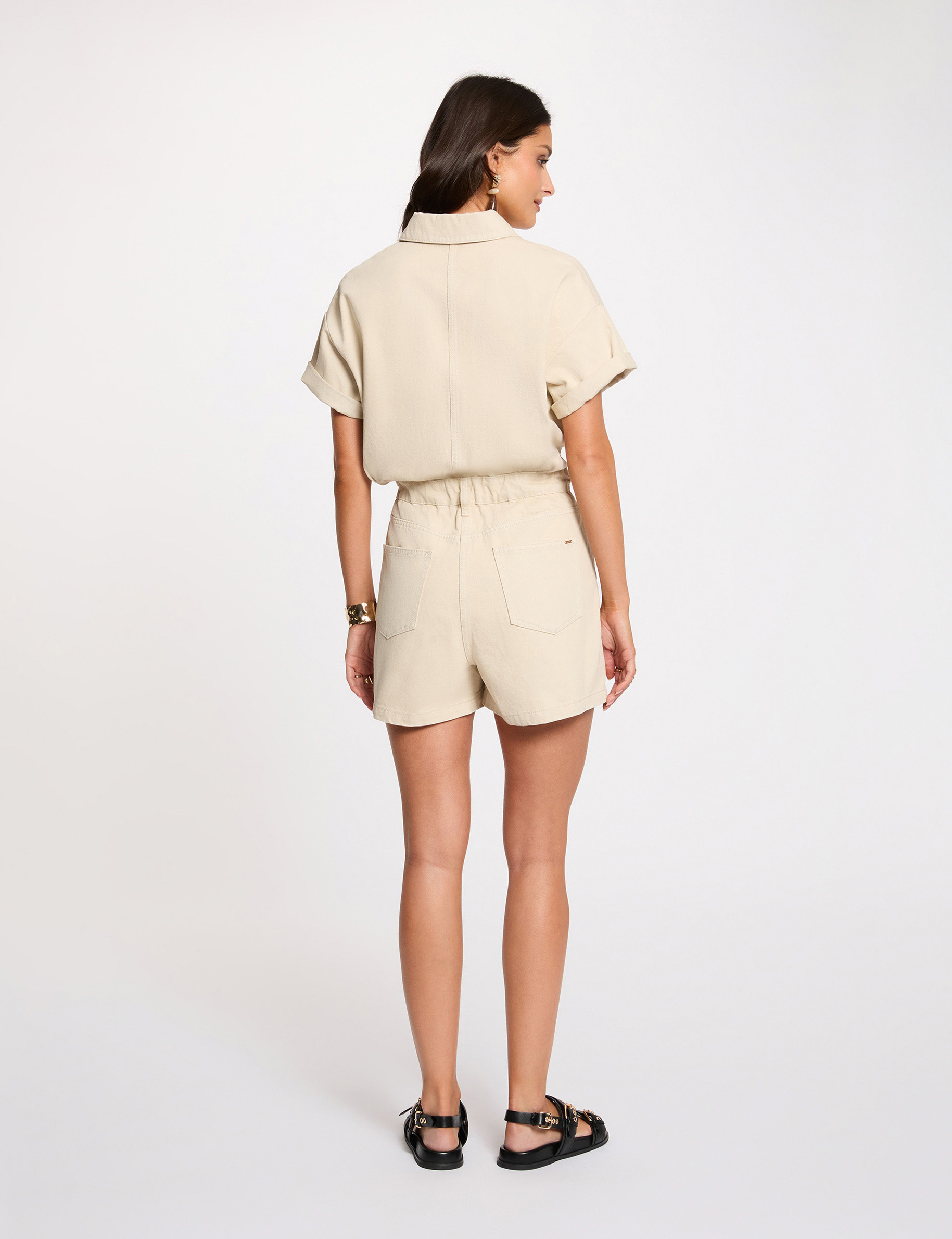 Getailleerde denim jumpshort licht beige vrouw
