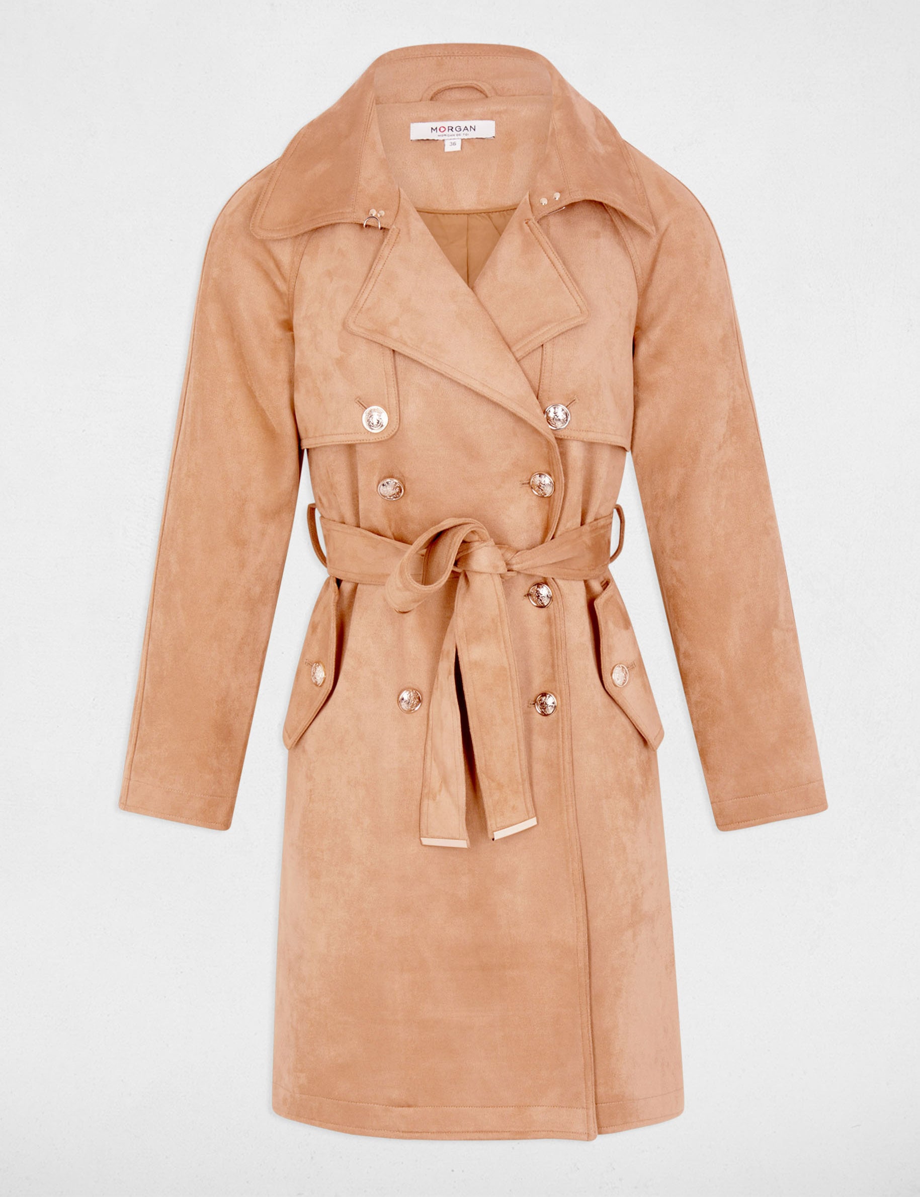 Trench long su&eacute;dine marron clair femme
