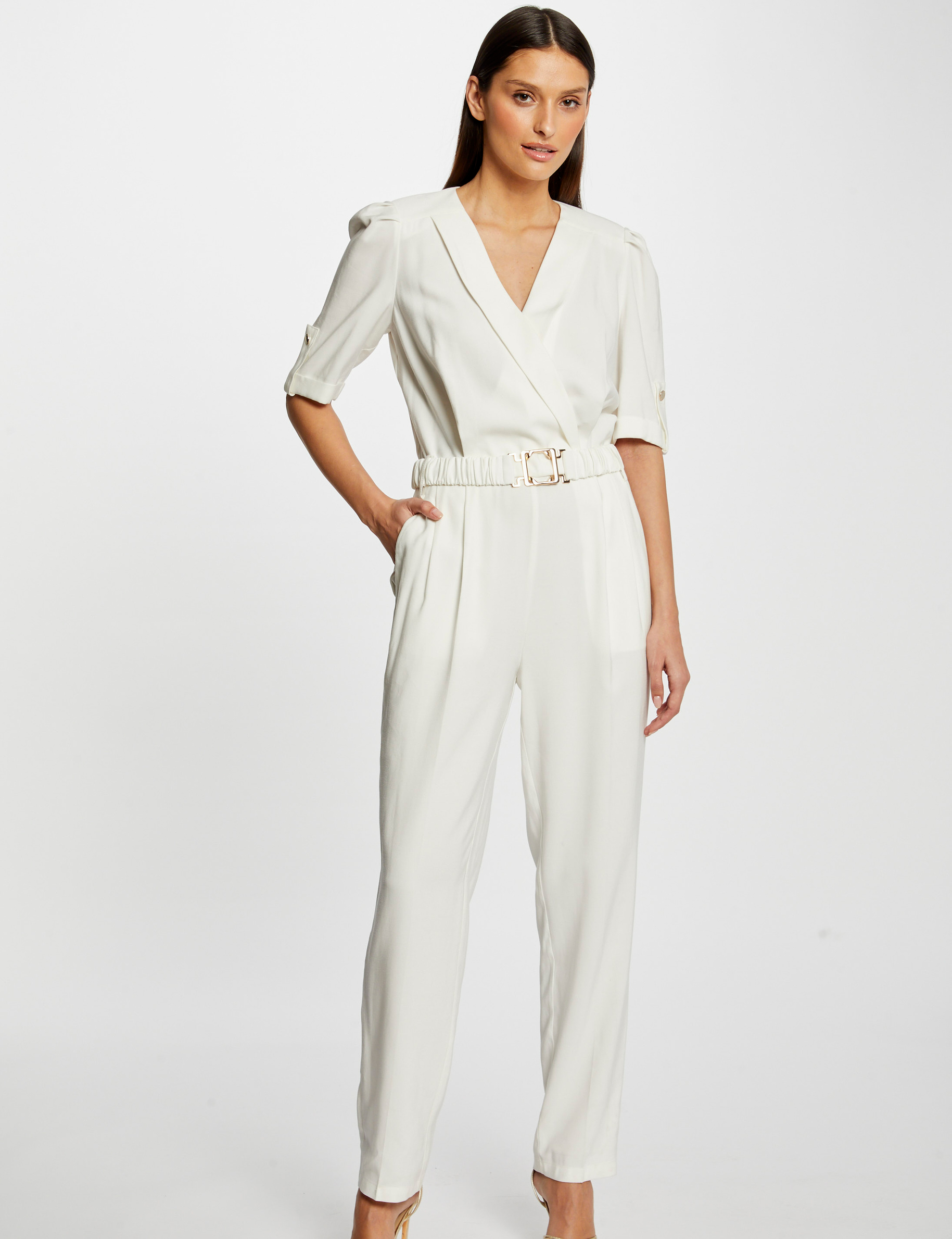 Rechte jumpsuit met riem ecru vrouw