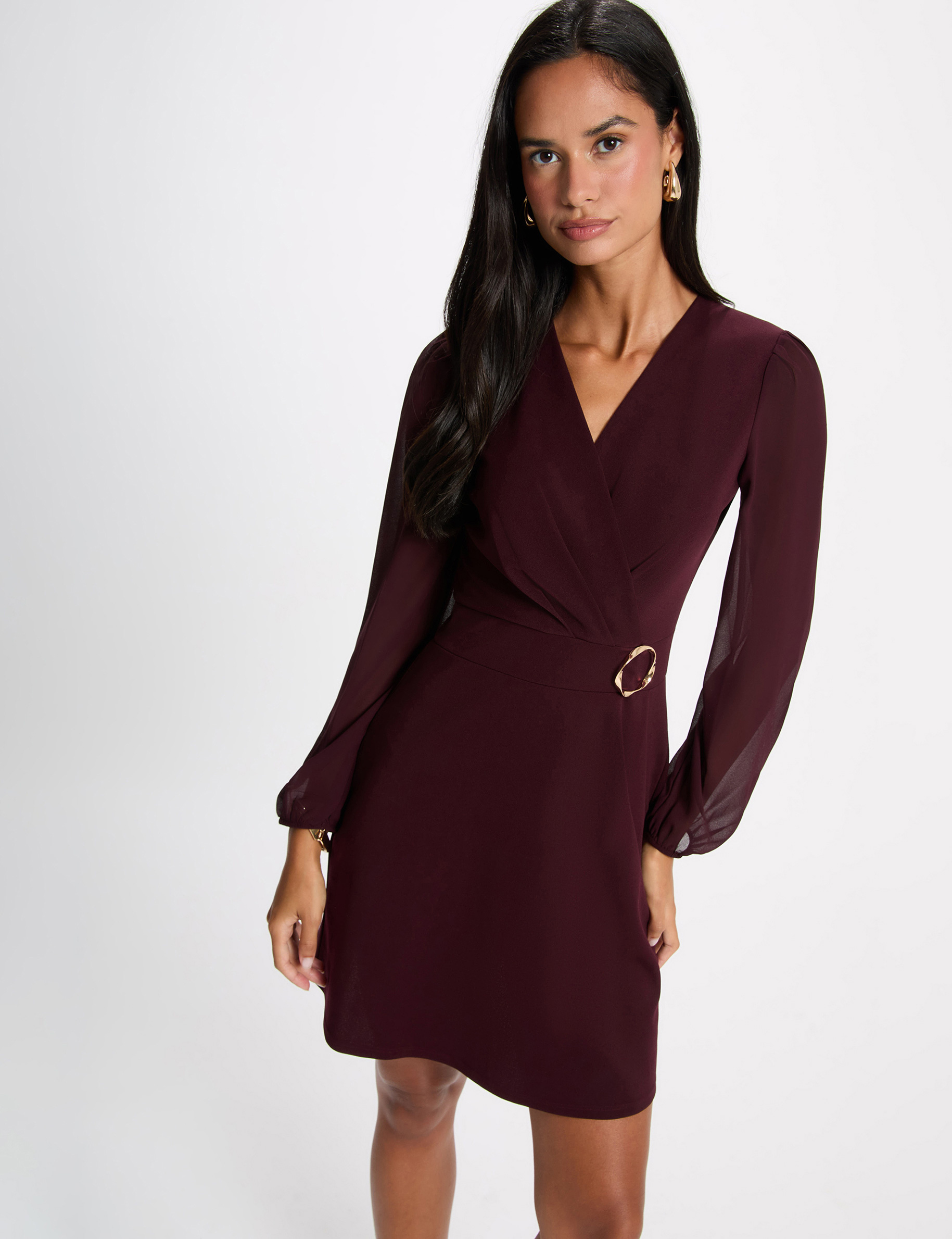 Korte jurk van voile bordeaux vrouw