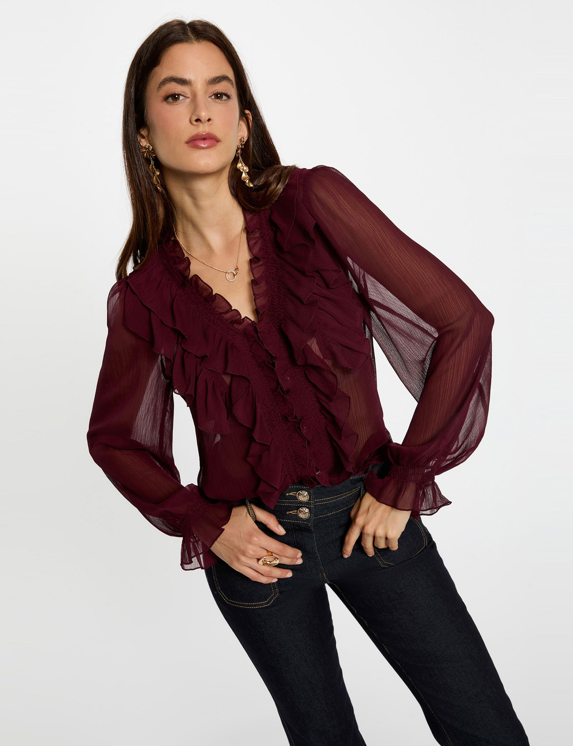 Chemise fluide col v prune femme