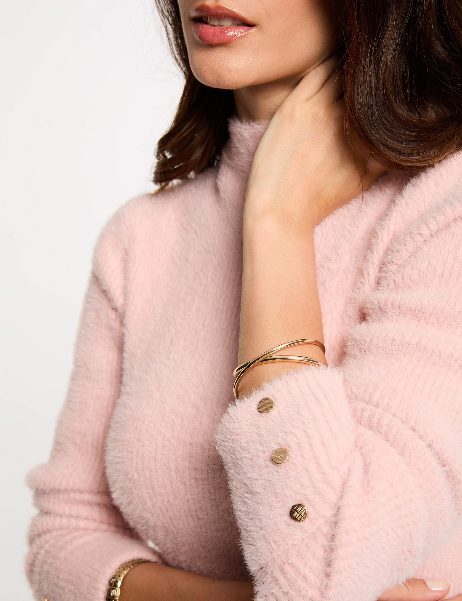Pull manches longues maille duveteuse rose clair femme
