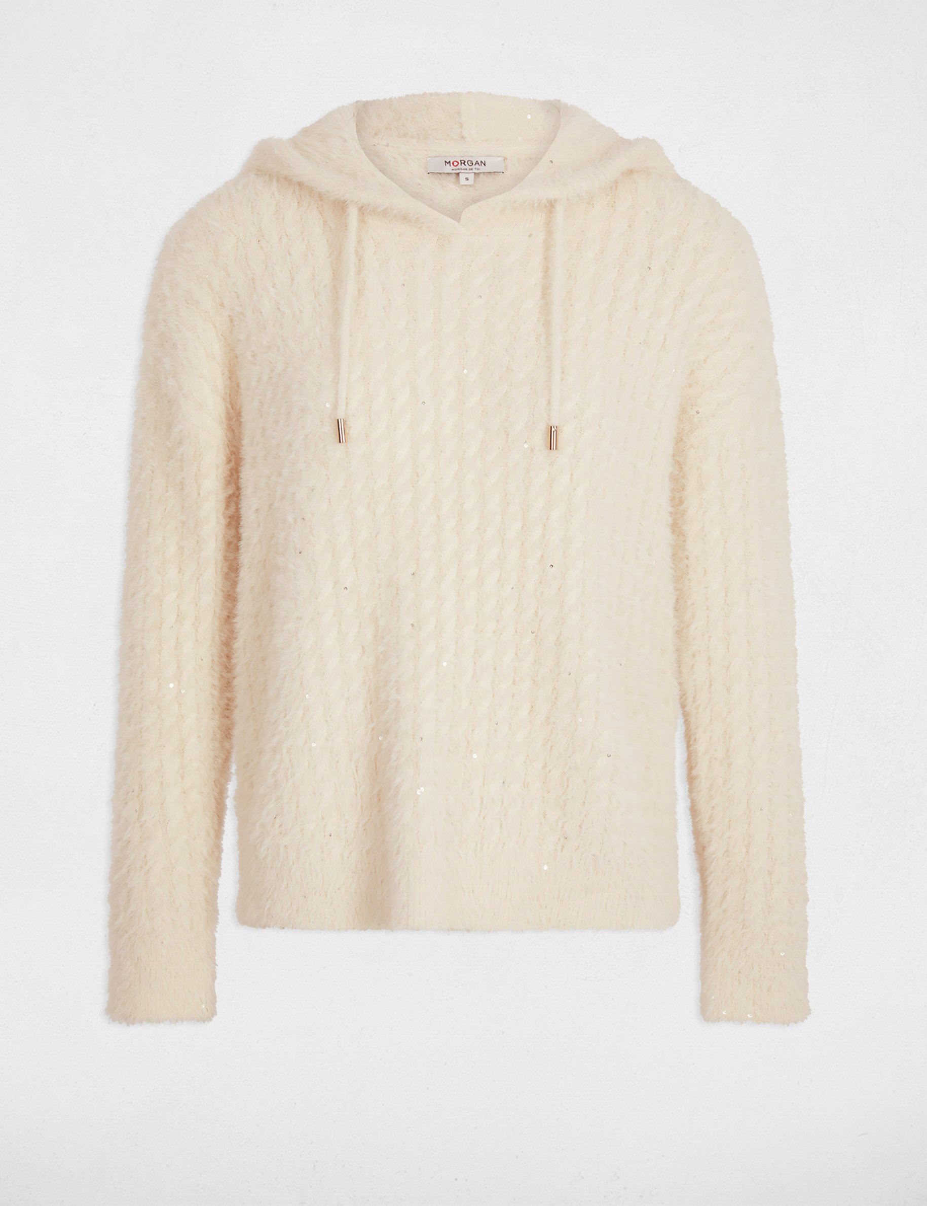 trui met pailletten en capuchon ivoor vrouw Trui met pailletten en capuchon ivoor vrouw