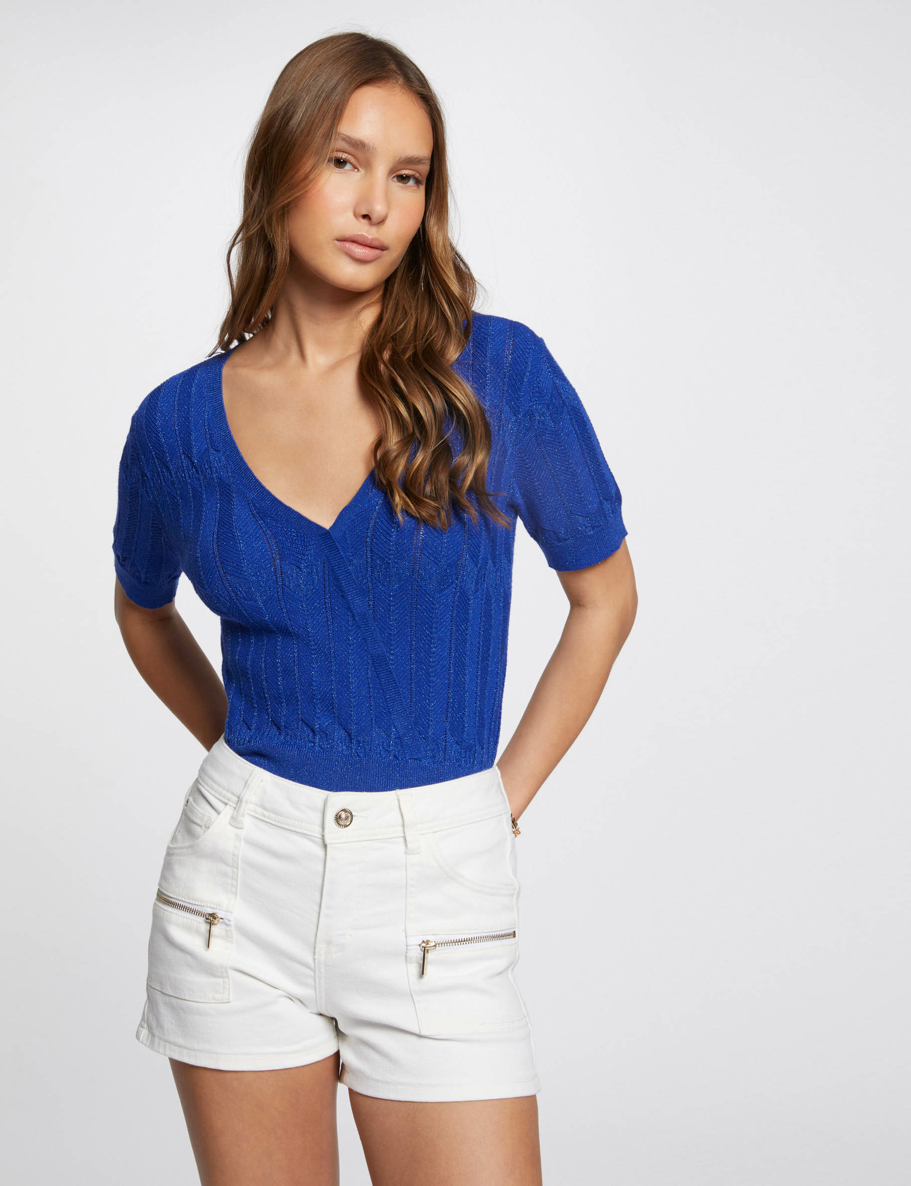 short ajuste details zippes ecru femme Short ajusté détails zippés ecru femme