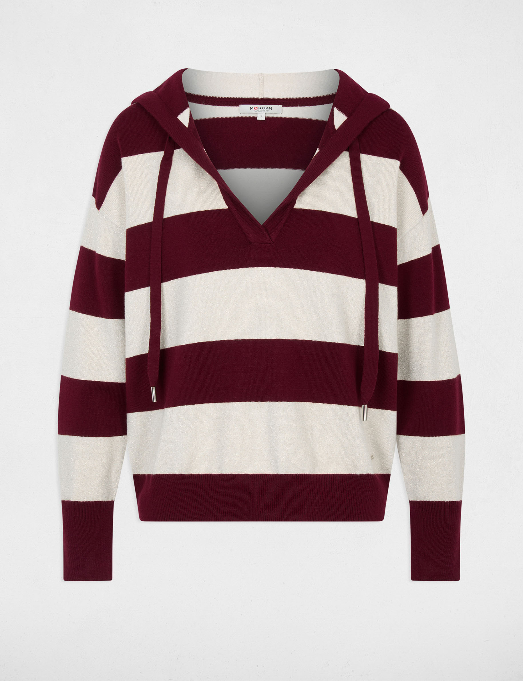 Pull ray&eacute; &agrave; capuche bordeaux femme