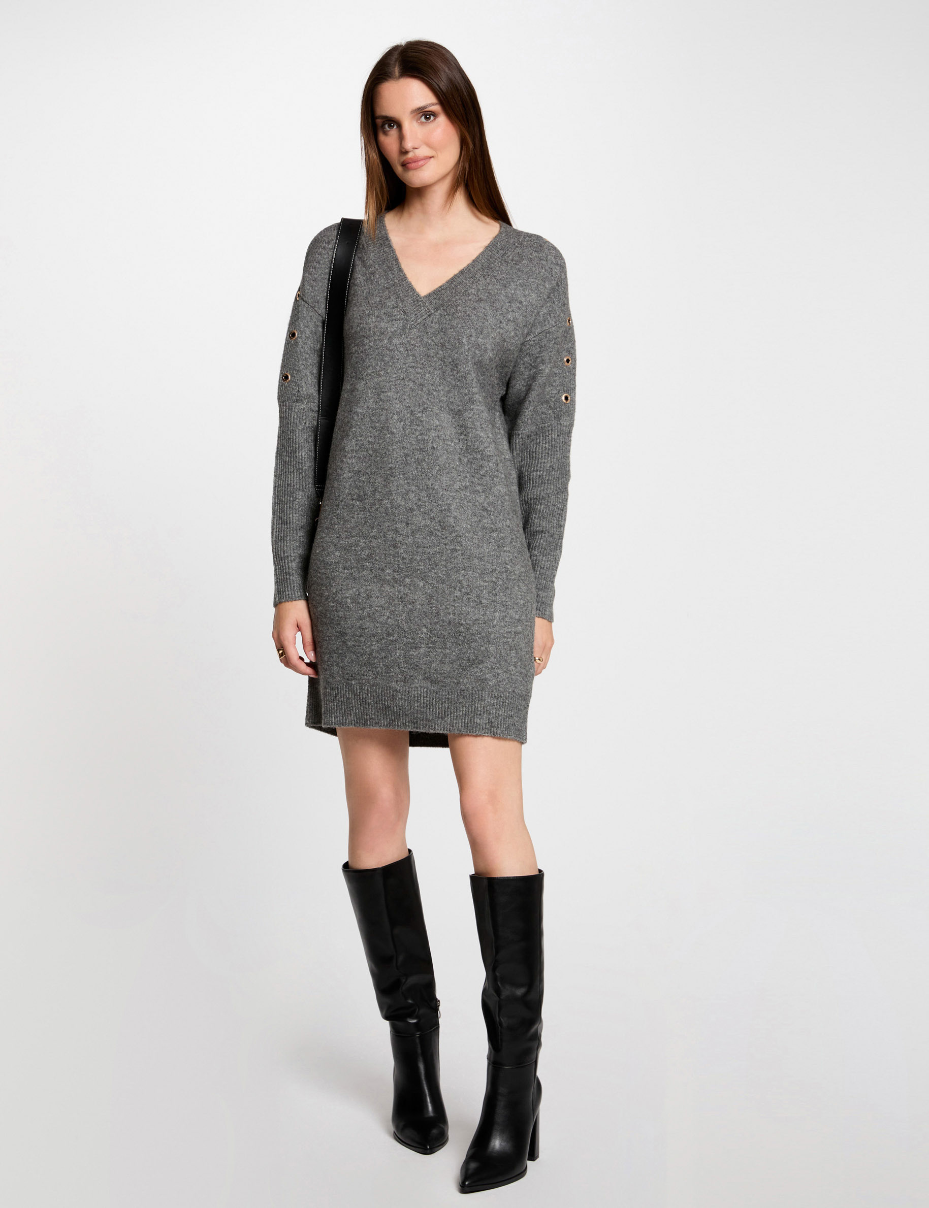 rechte tricot jurk met oogjes antracietgrijs vrouw Rechte tricot jurk met oogjes antracietgrijs vrouw