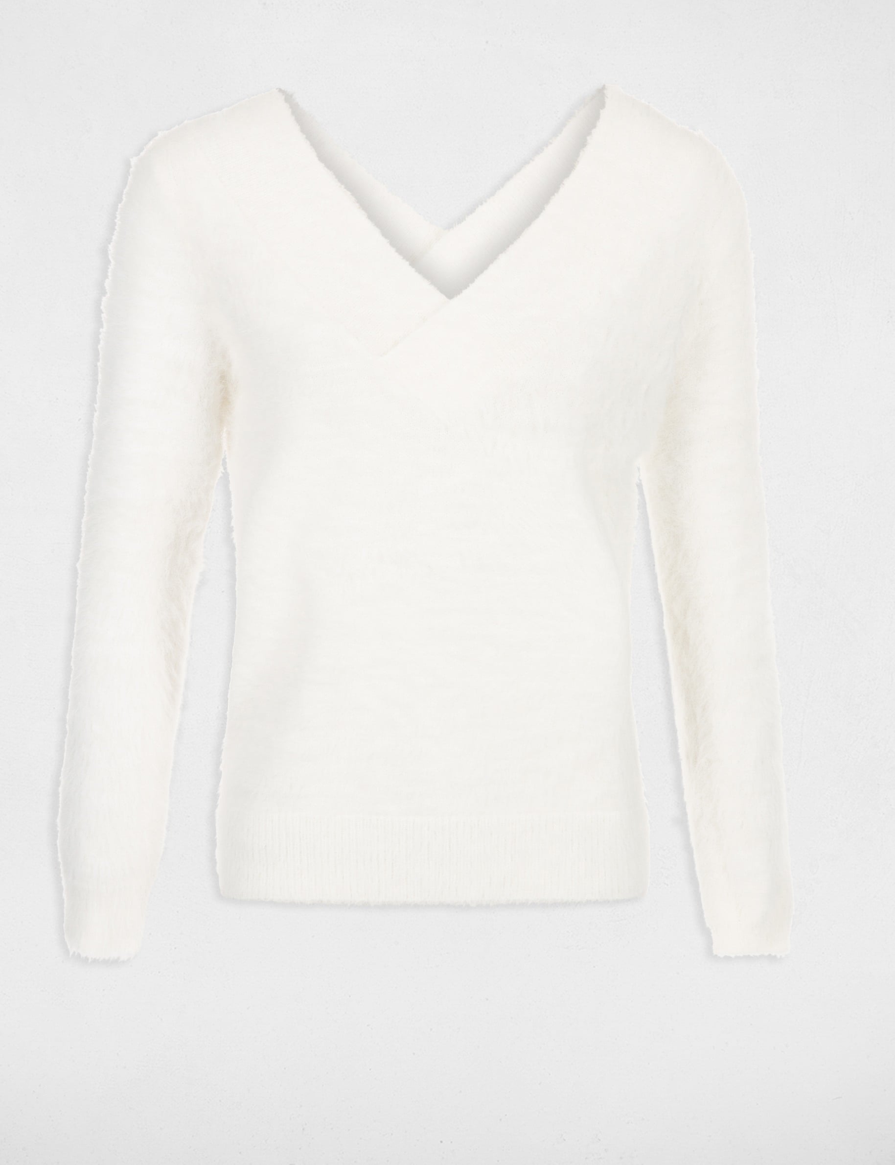 Pull duveteux col V devant et dos ivoire femme
