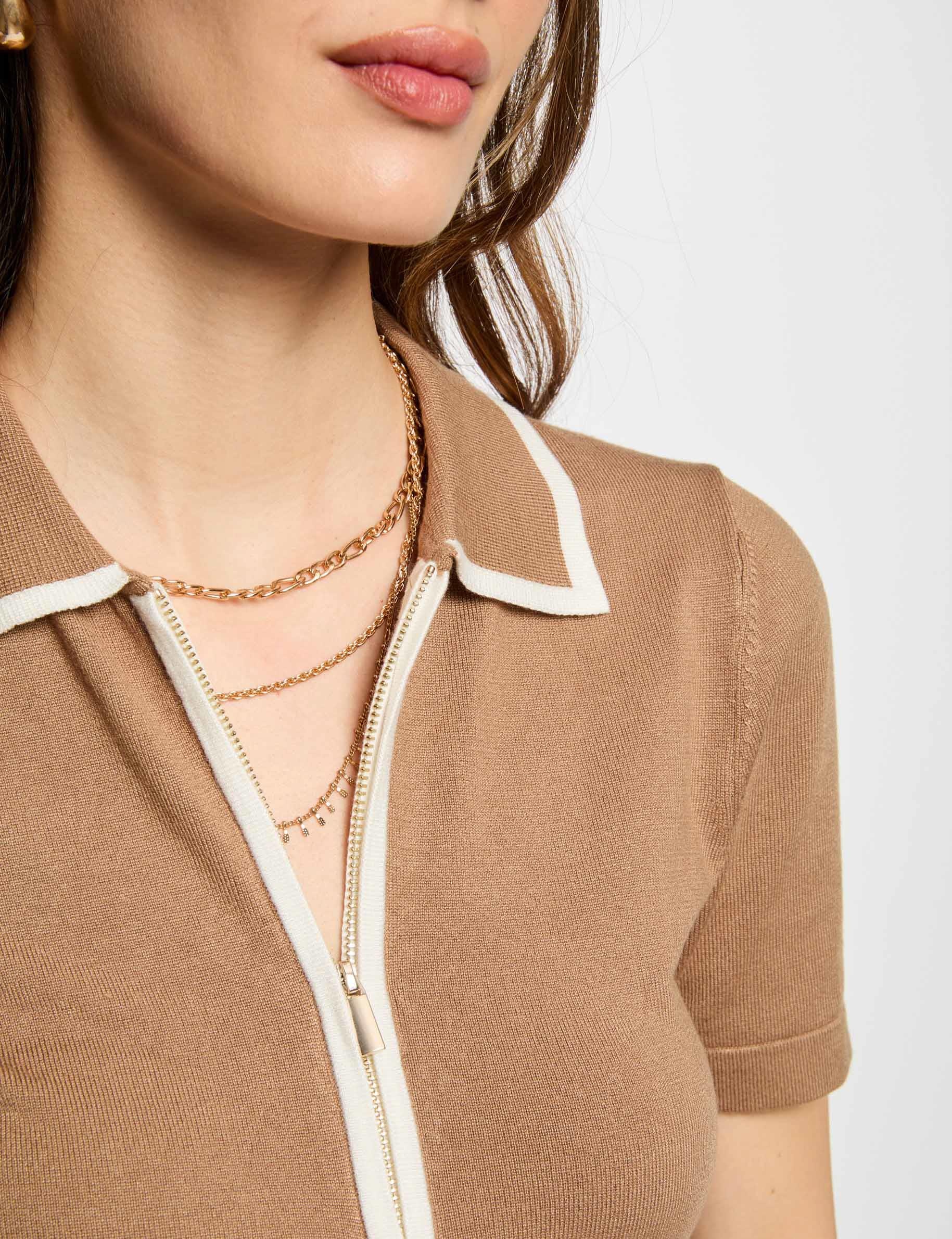 pull col polo zippe sable femme Pull col polo zippé sable femme