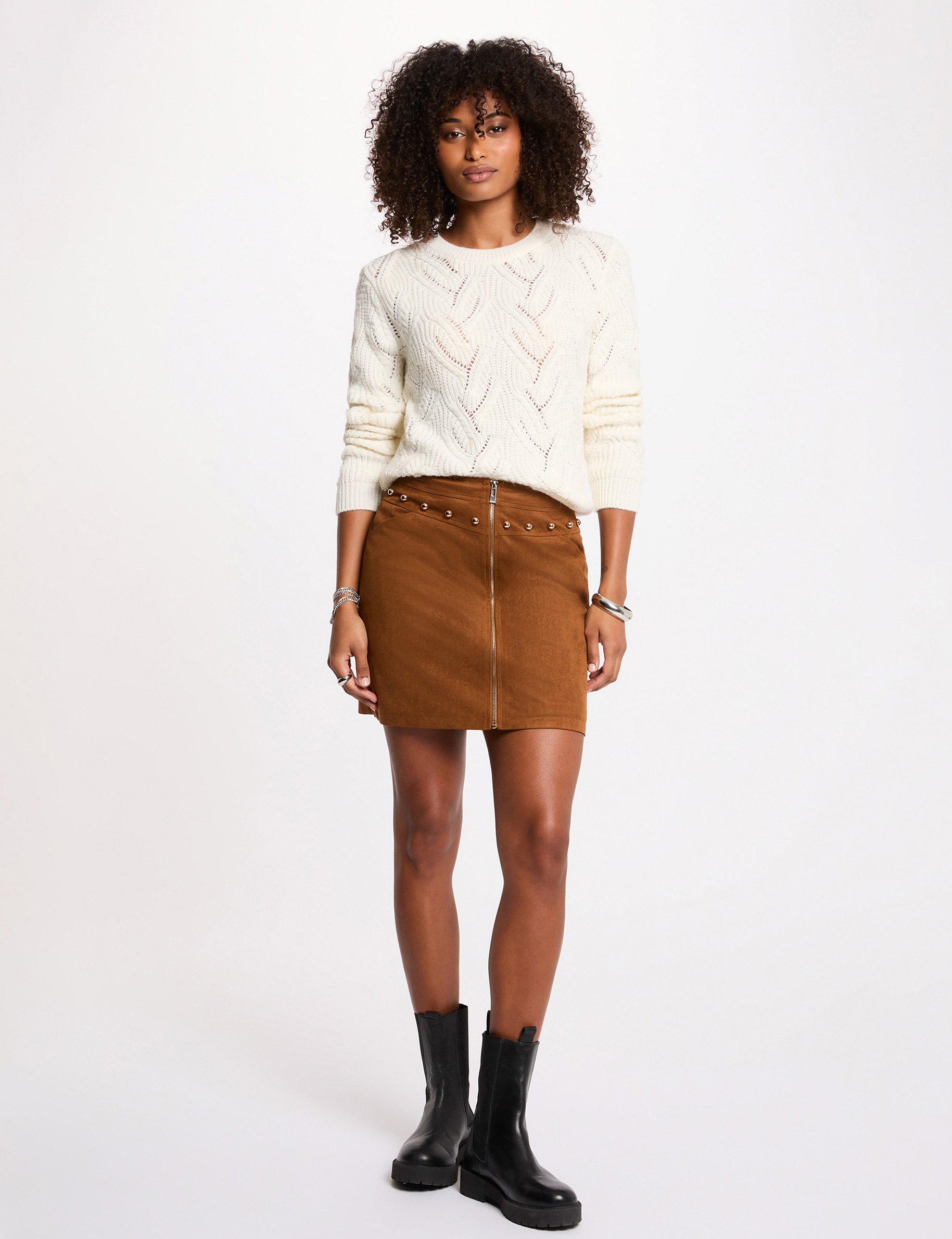 Jupe courte ajust&eacute;e marron cognac femme