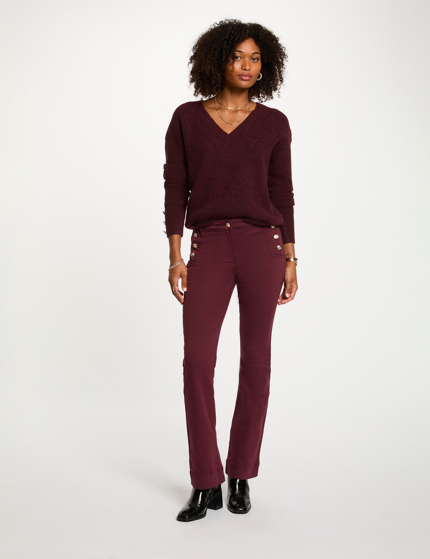 Pull col en V oversize prune femme