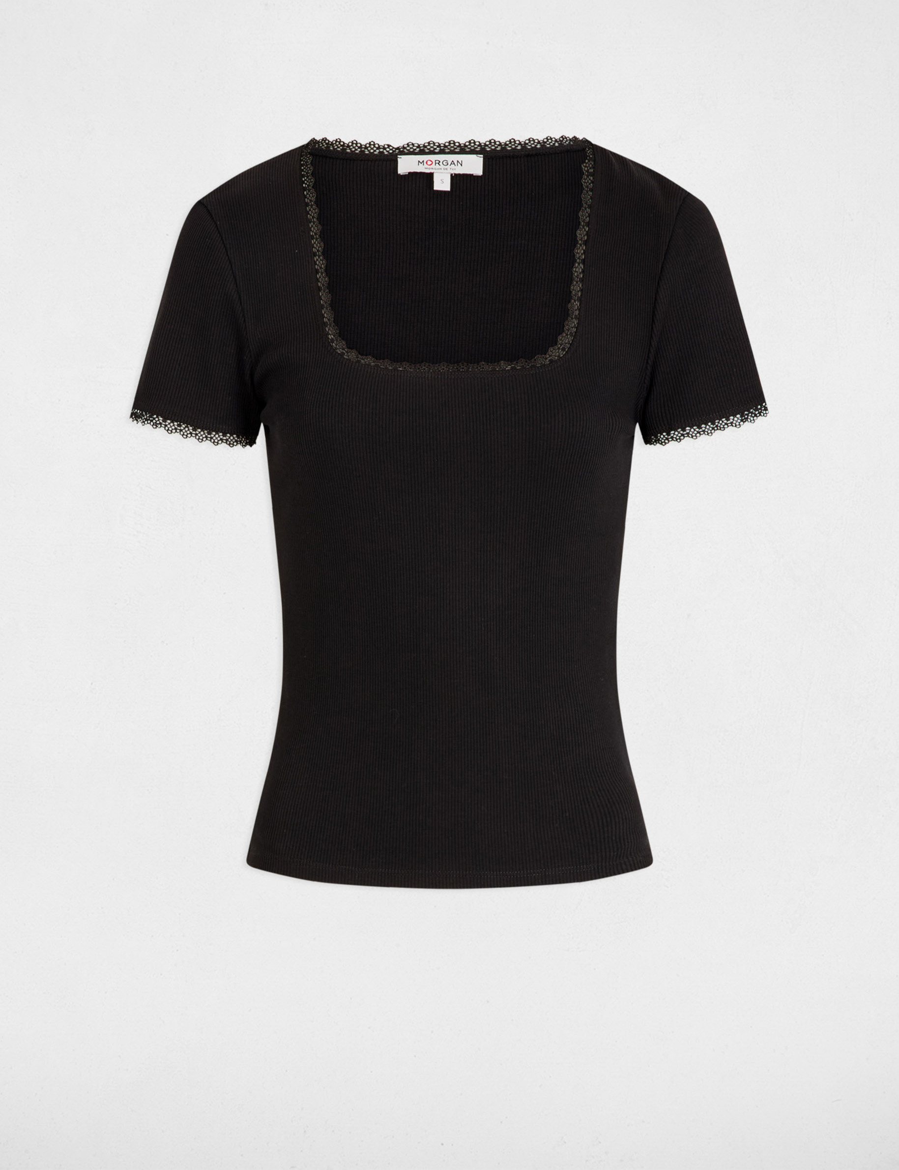 T-shirt korte geribbelde mouwen zwart vrouw
