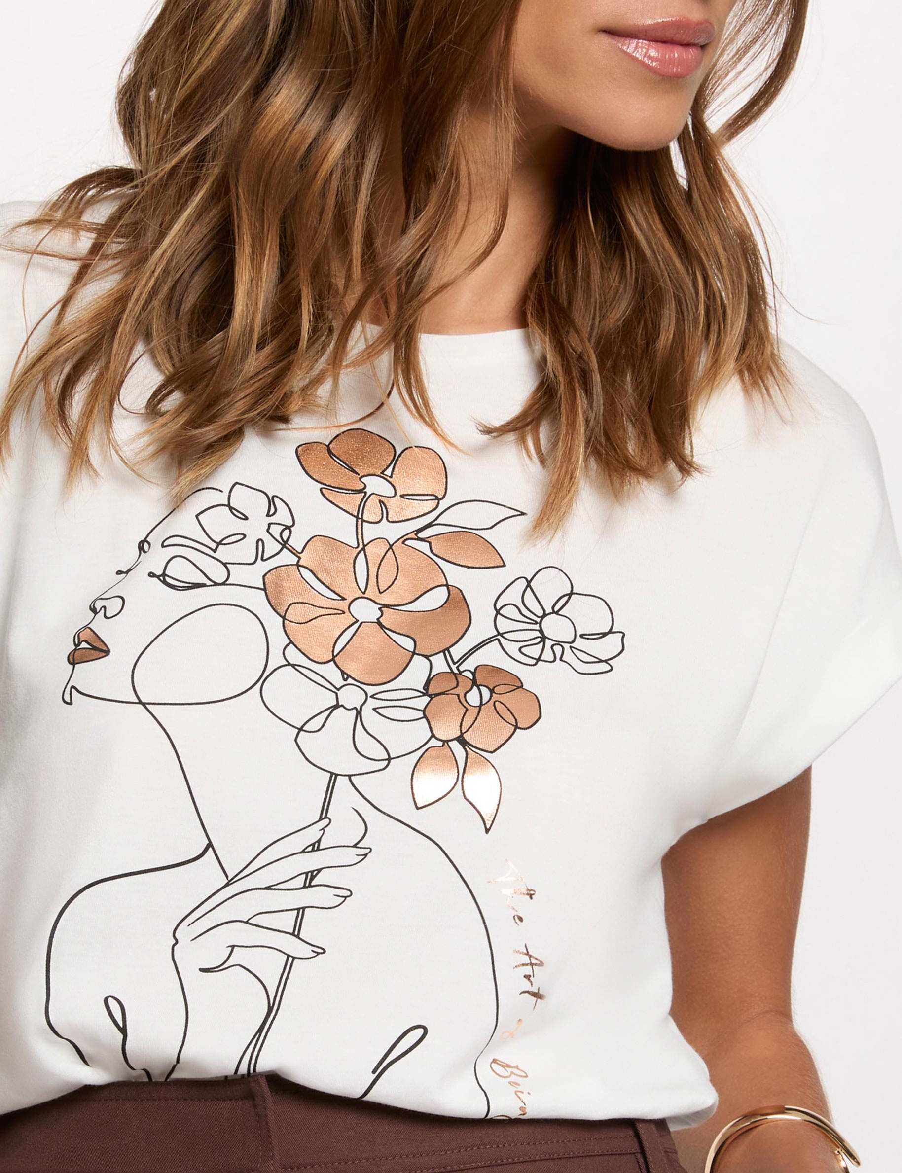T-shirt droit imprim&eacute; blanc femme