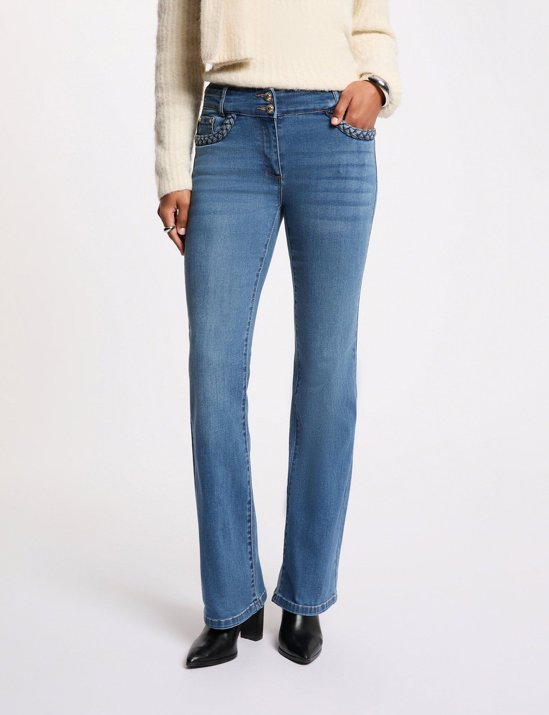 Jean bootcut tress&eacute; denim stone femme