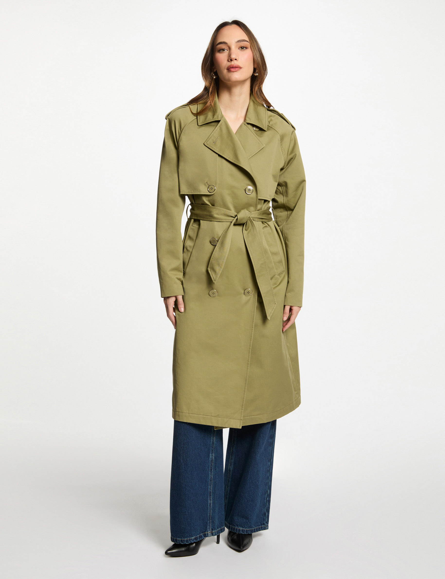 Lange trenchcoat met riem zand vrouw