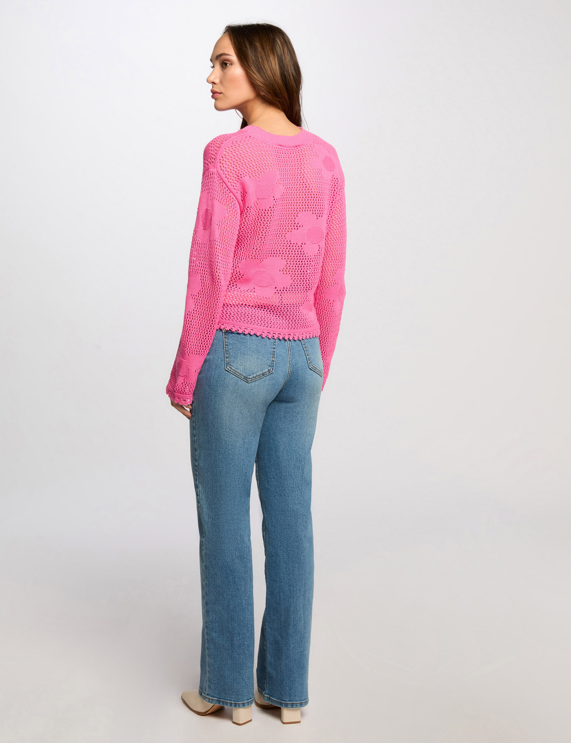 trui met ronde hals en ajour roze vrouw Trui met ronde hals en ajour roze vrouw