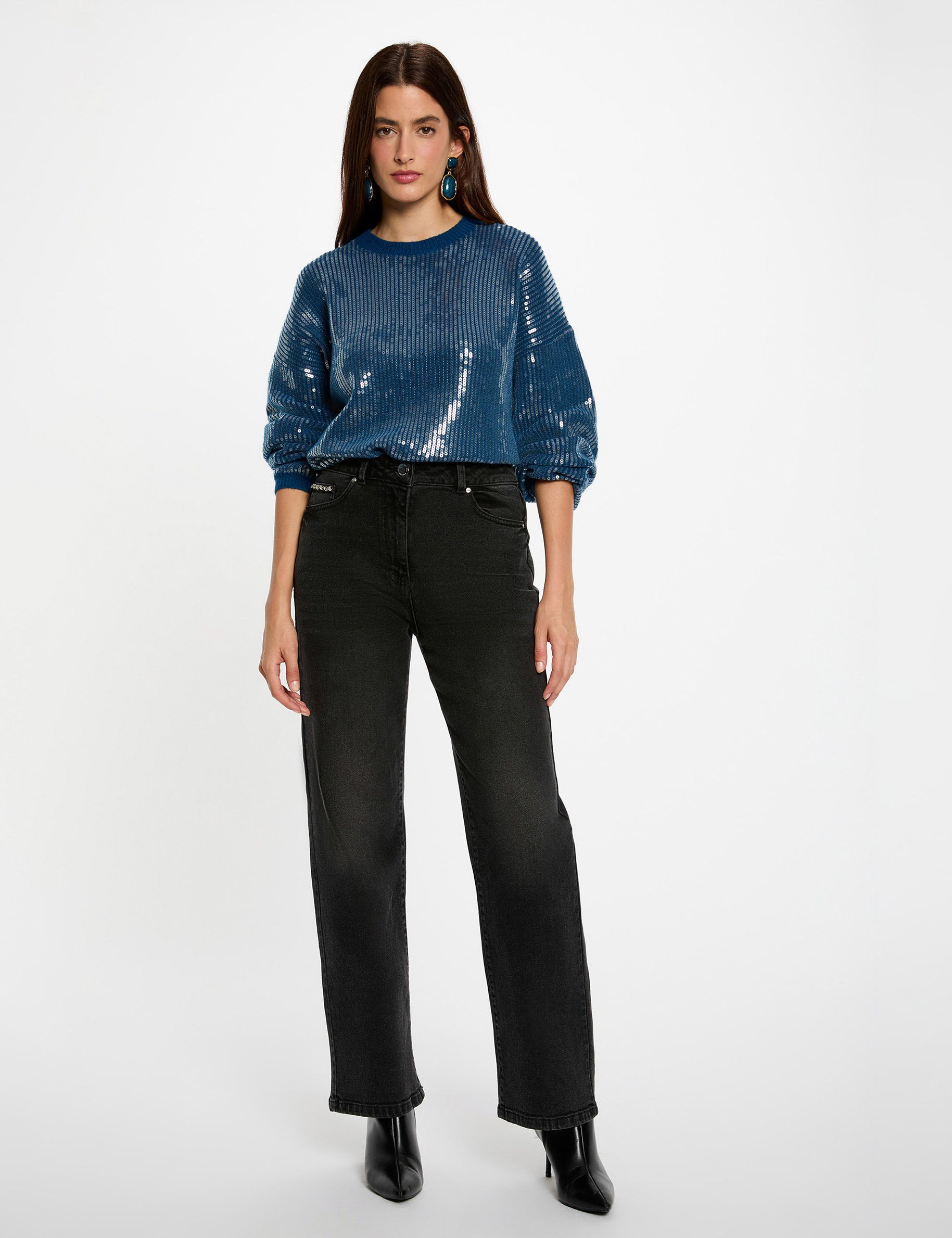 Pull sequins col rond bleu pétrole femme