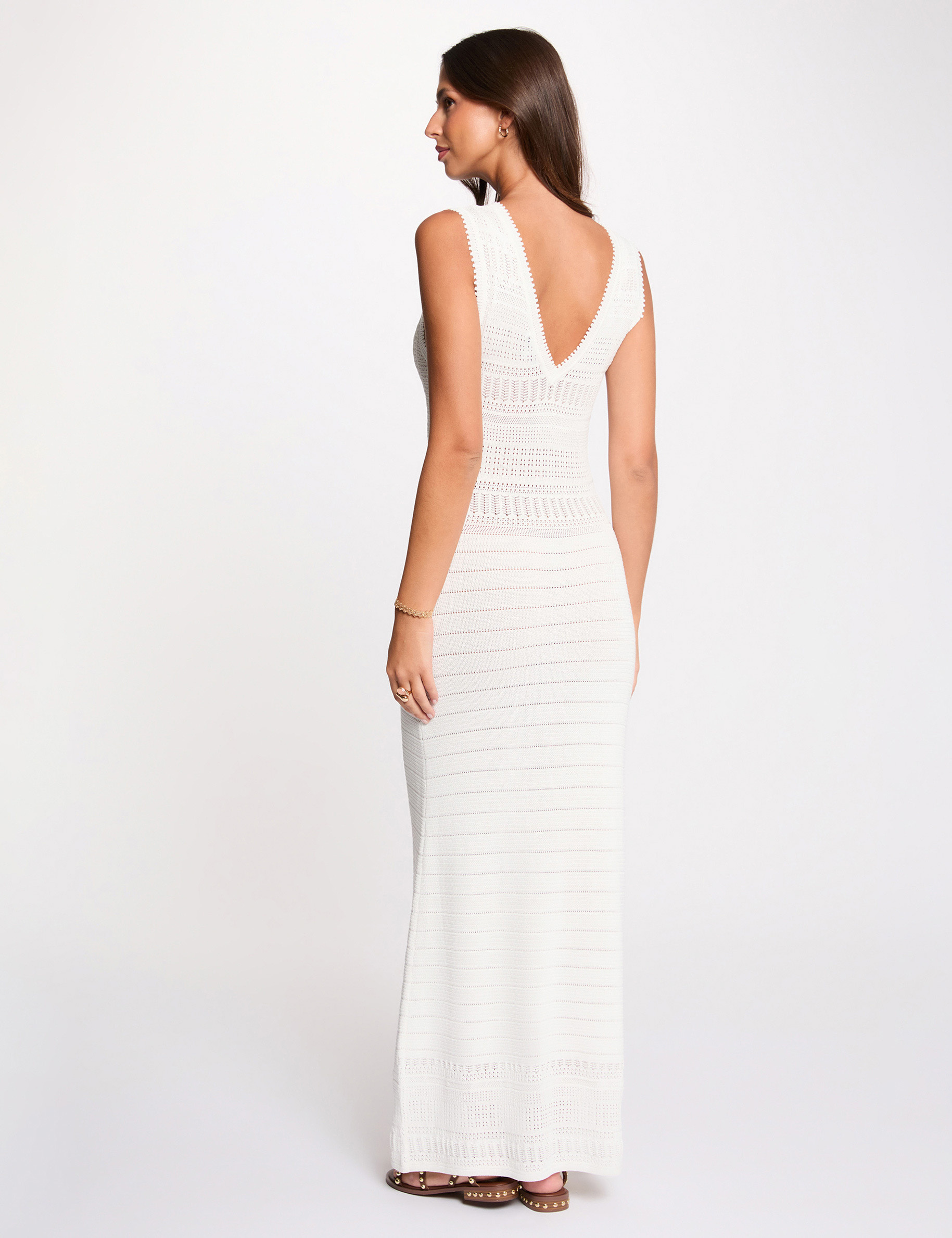 Robe tricot longue ajour&eacute;e blanc femme