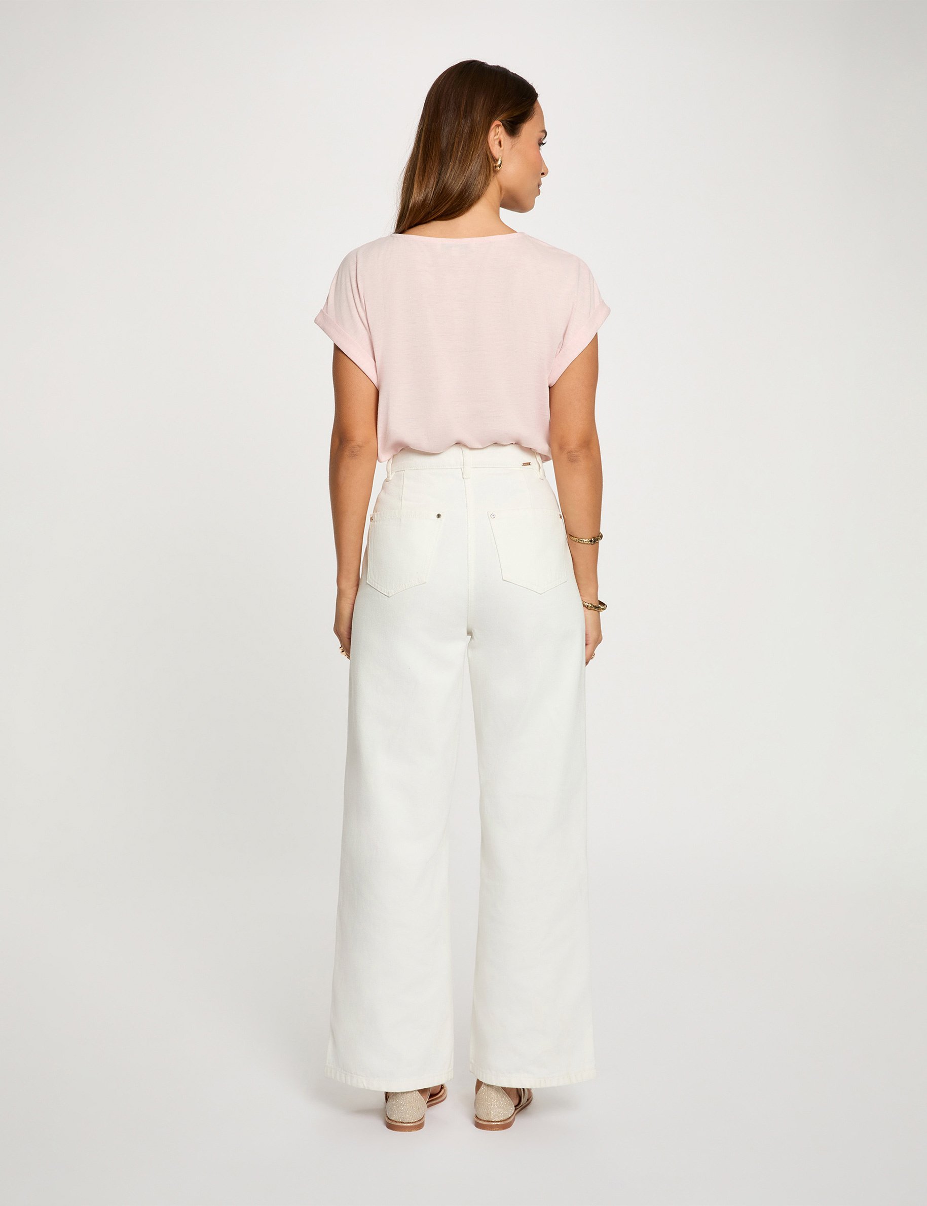 T-shirt col v manches courtes rose clair femme