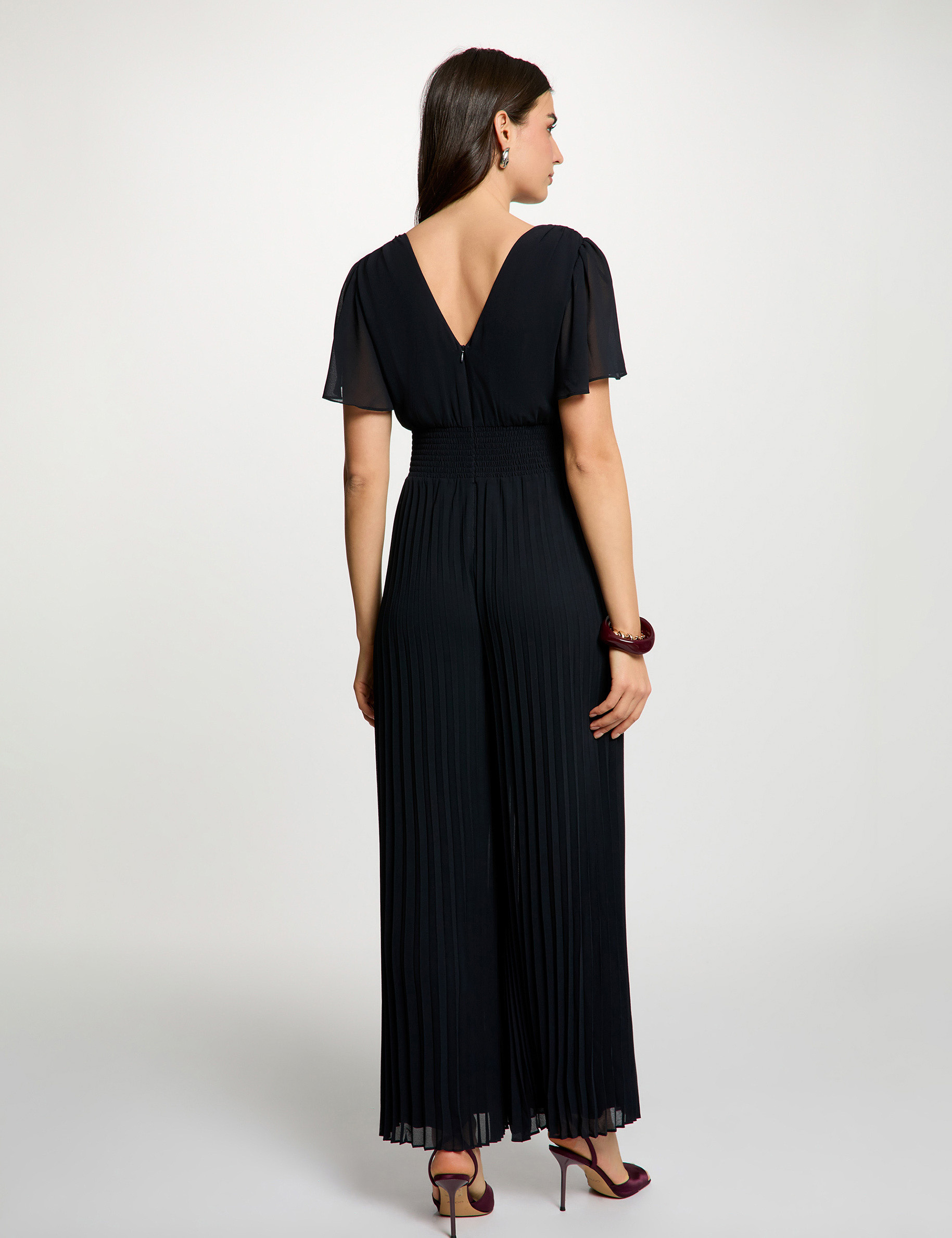 Combinaison pliss&eacute;e col v bleu marine femme