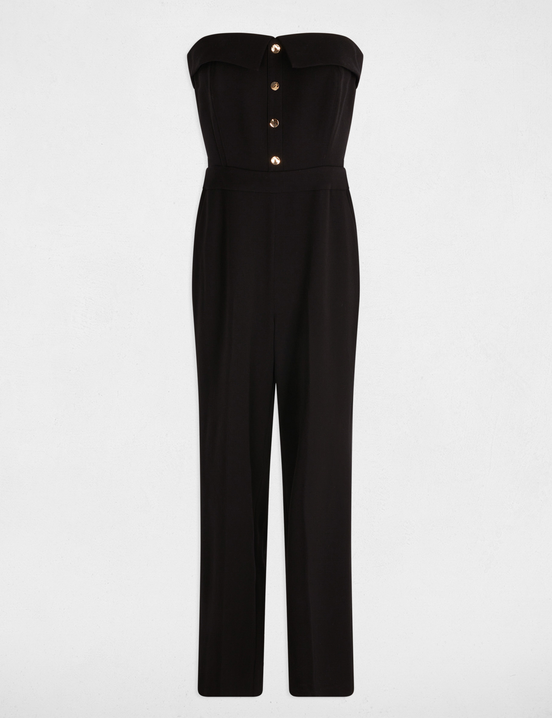 Lange jumpsuit met bustier kraag zwart vrouw