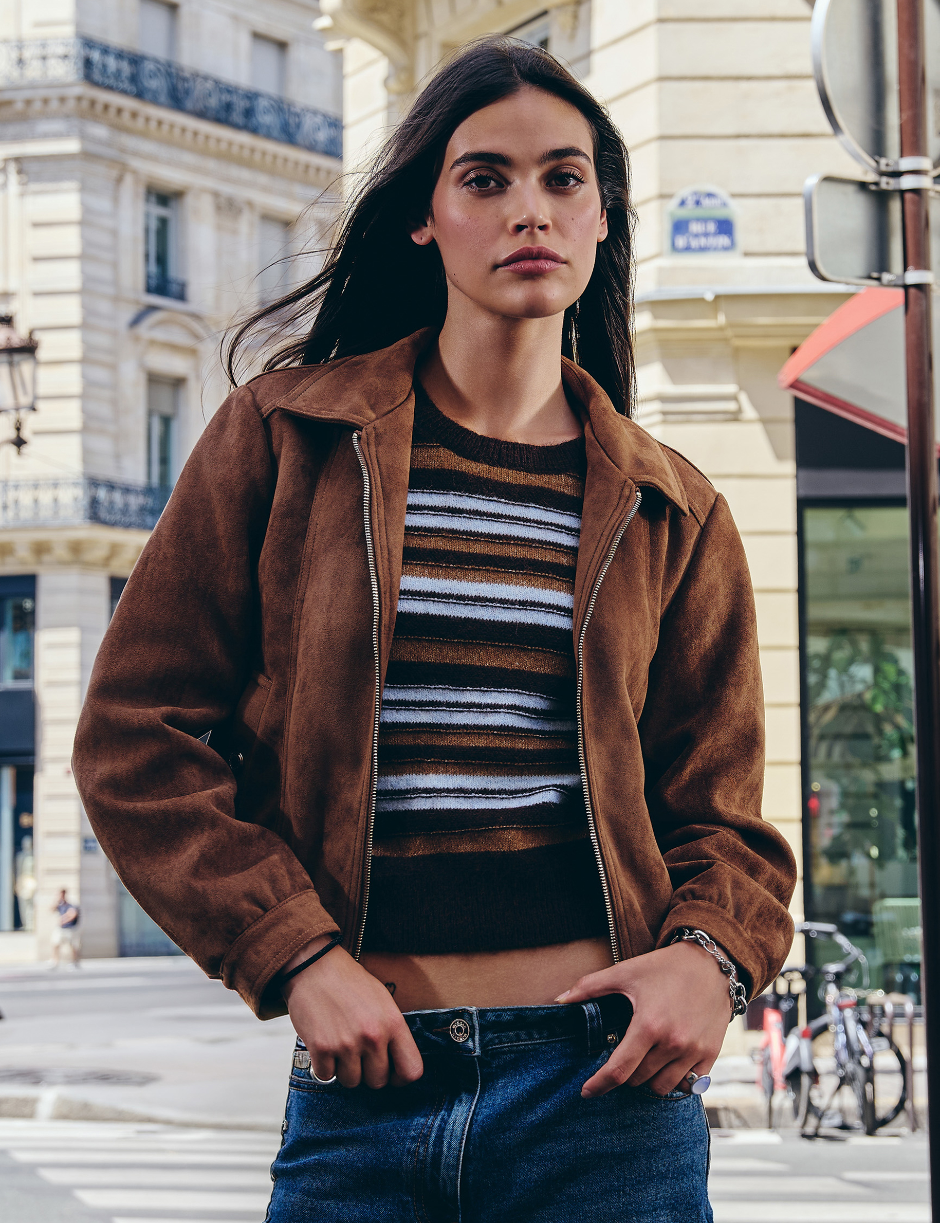 Blouson su&eacute;dine marron cognac femme