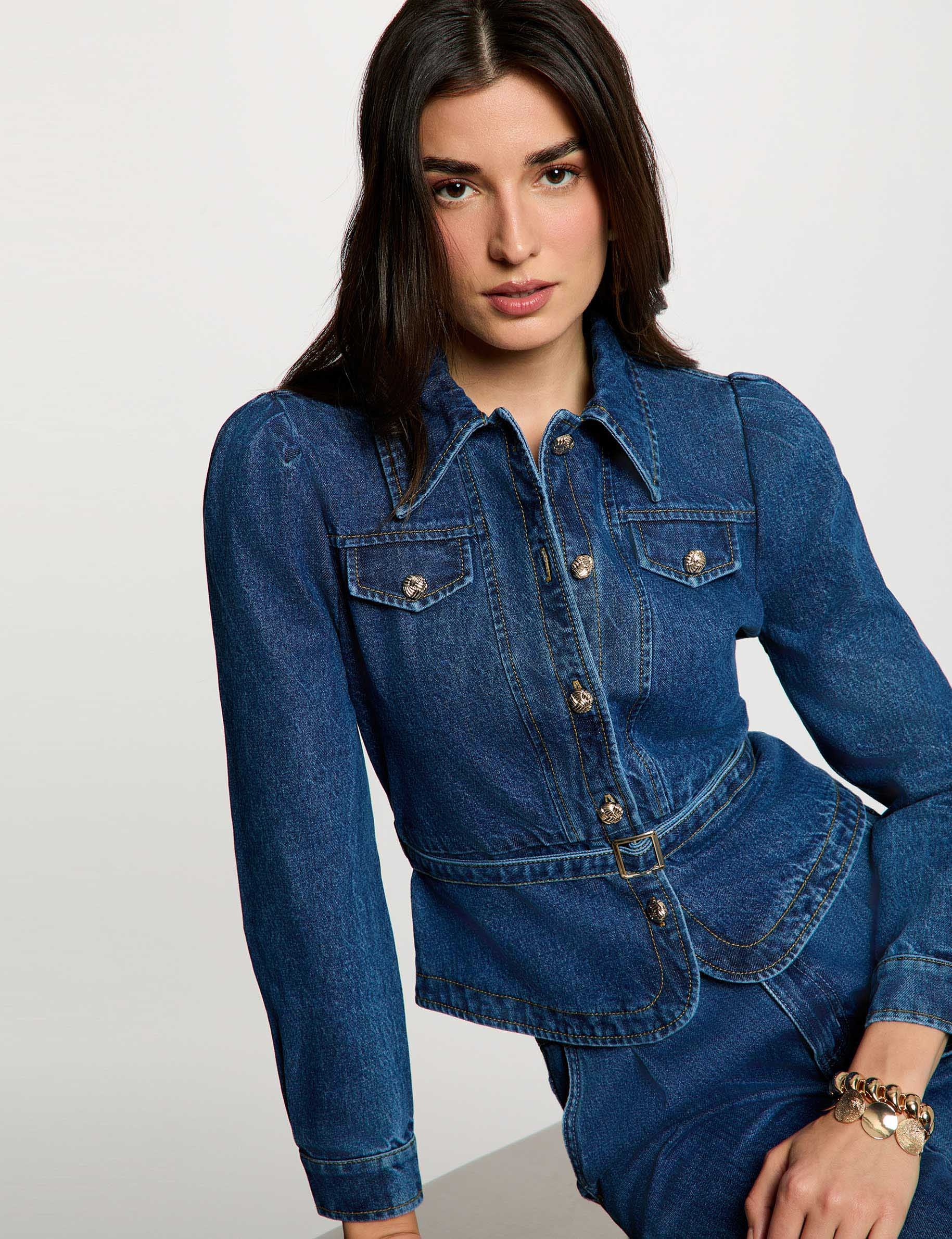 Veste jean ceintur&eacute;e denim stone femme