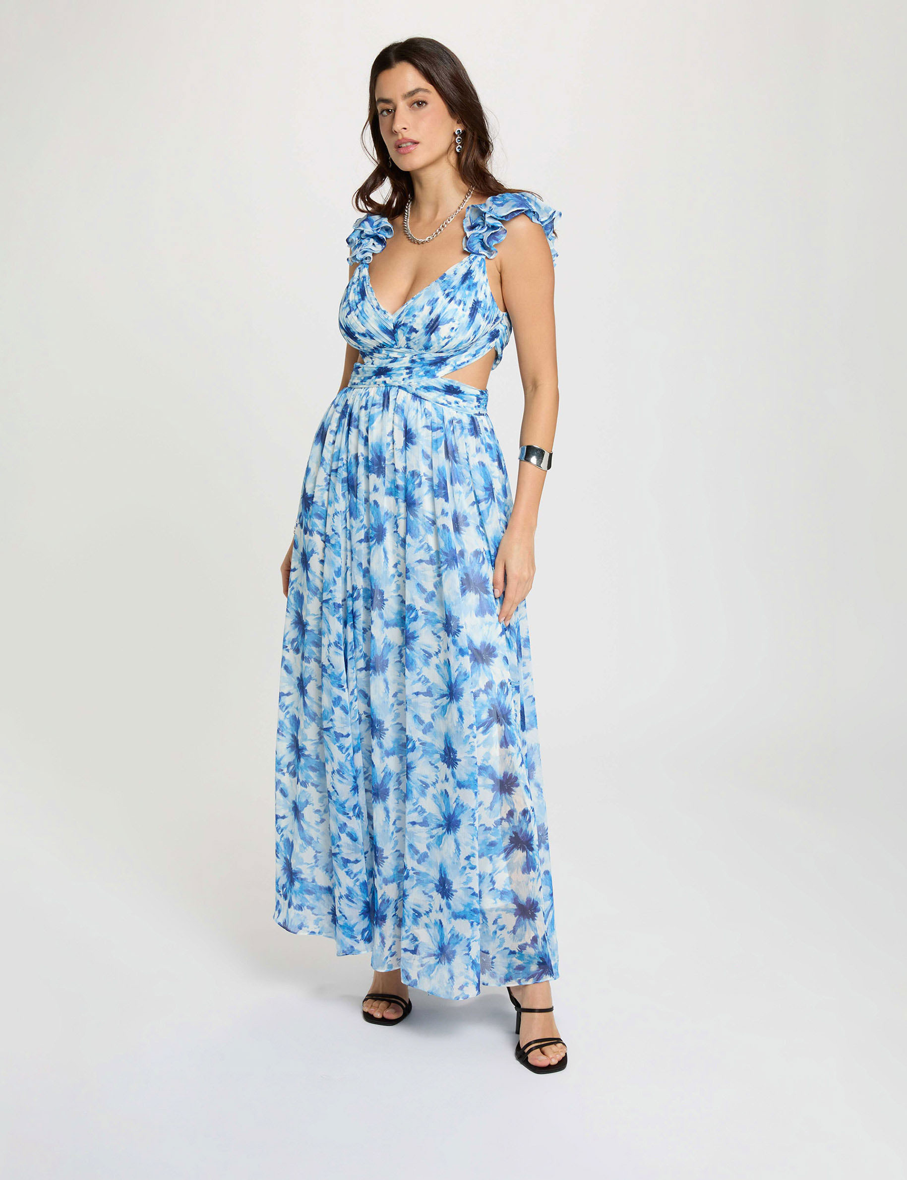 Lange bloemenjurk marineblauw vrouw