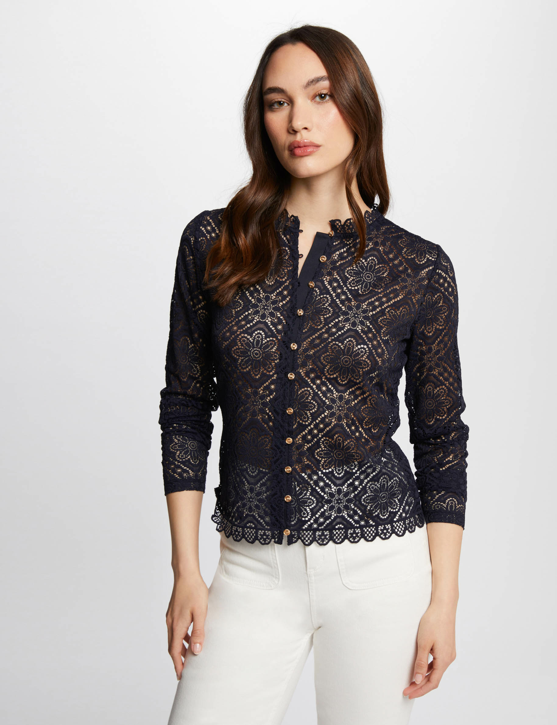T shirt met lange kanten mouwen marine vrouw