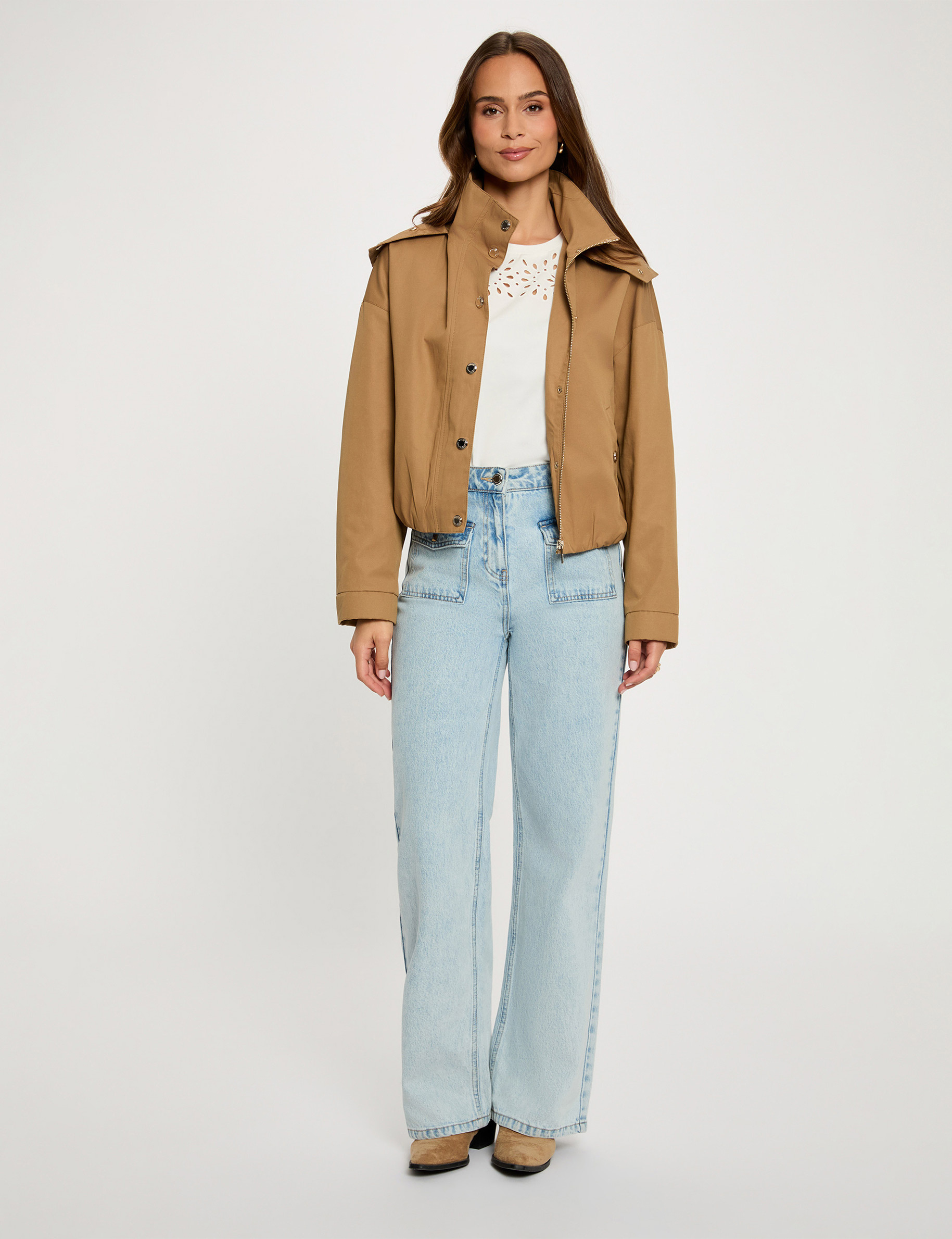 Blouson court col montant camel femme