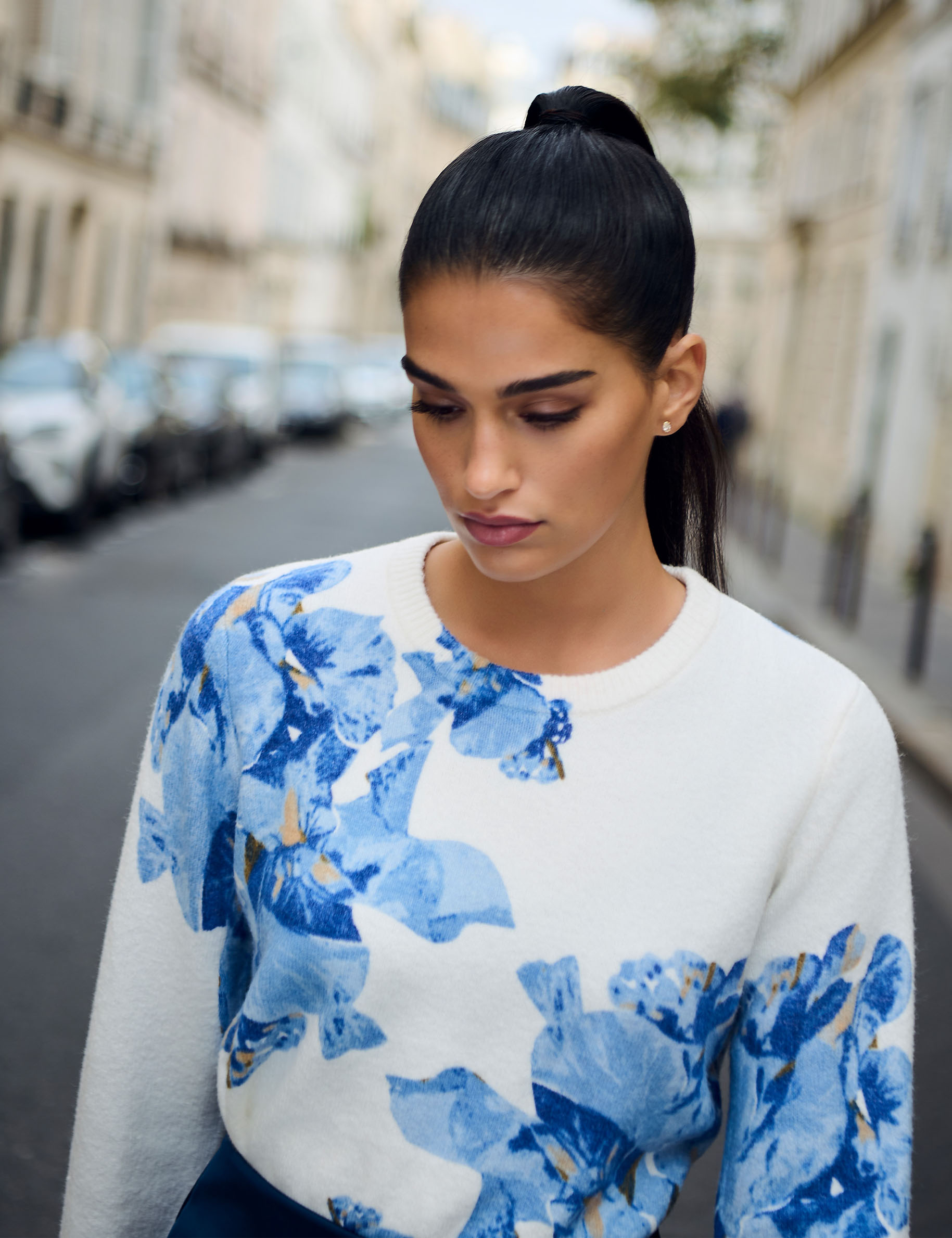 Pull imprim&eacute; floral bleu ciel femme