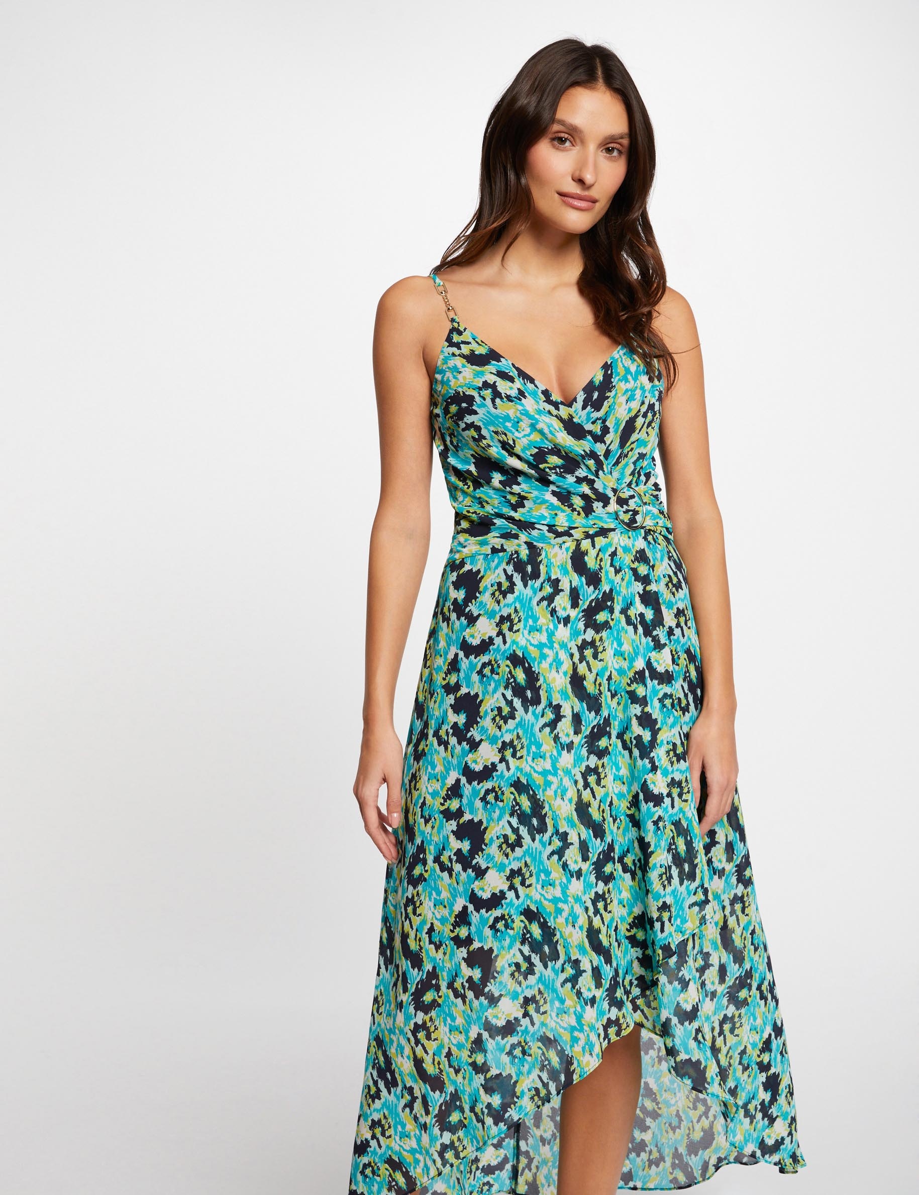 Robe longue cintrée imprimée vert femme