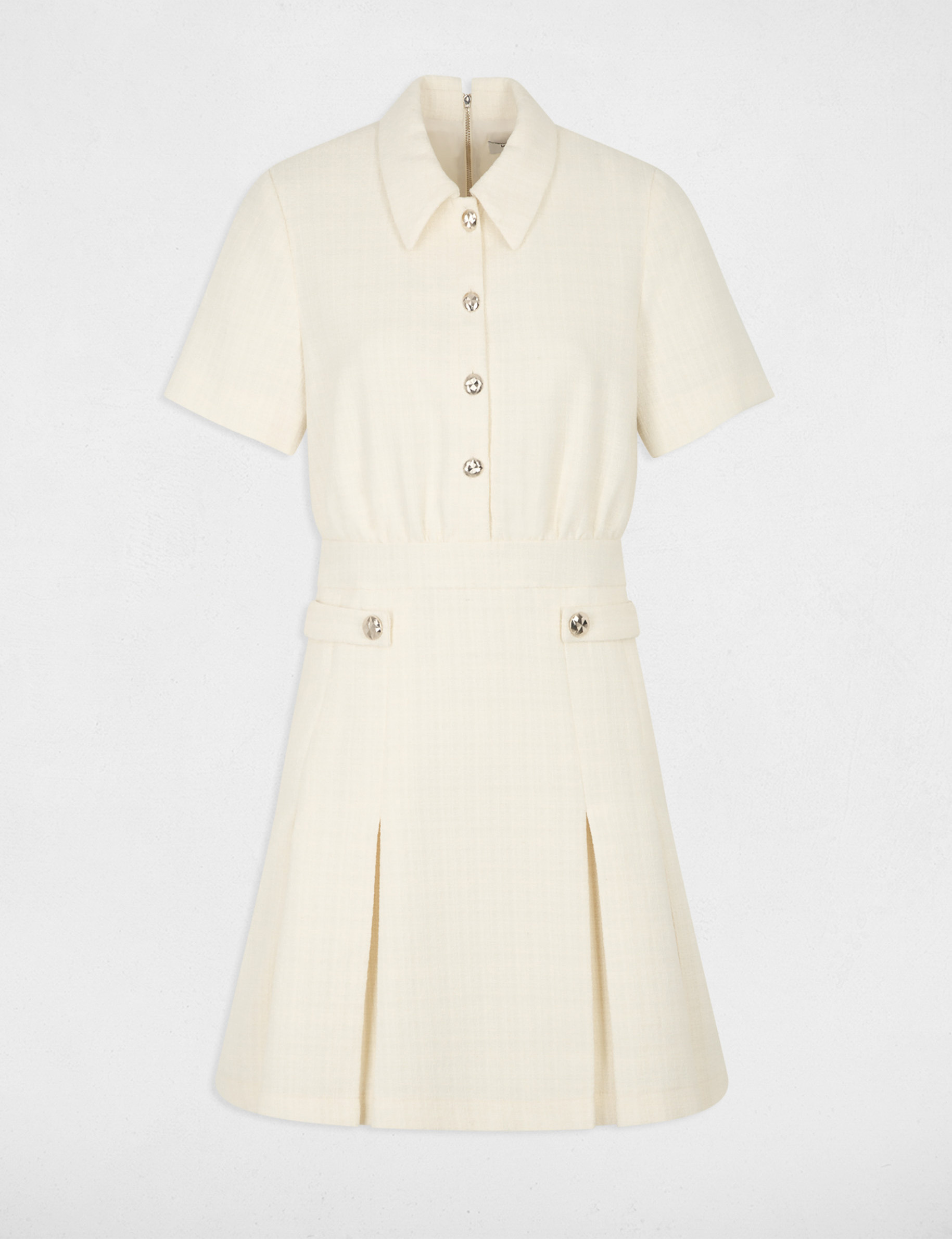 Uitlopende tweed jurk ecru vrouw