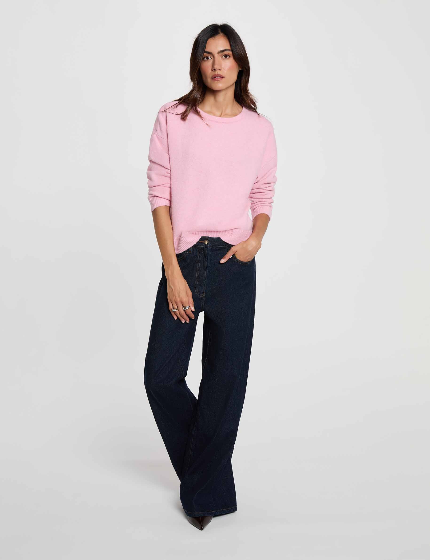 Pull col rond rose pastel femme