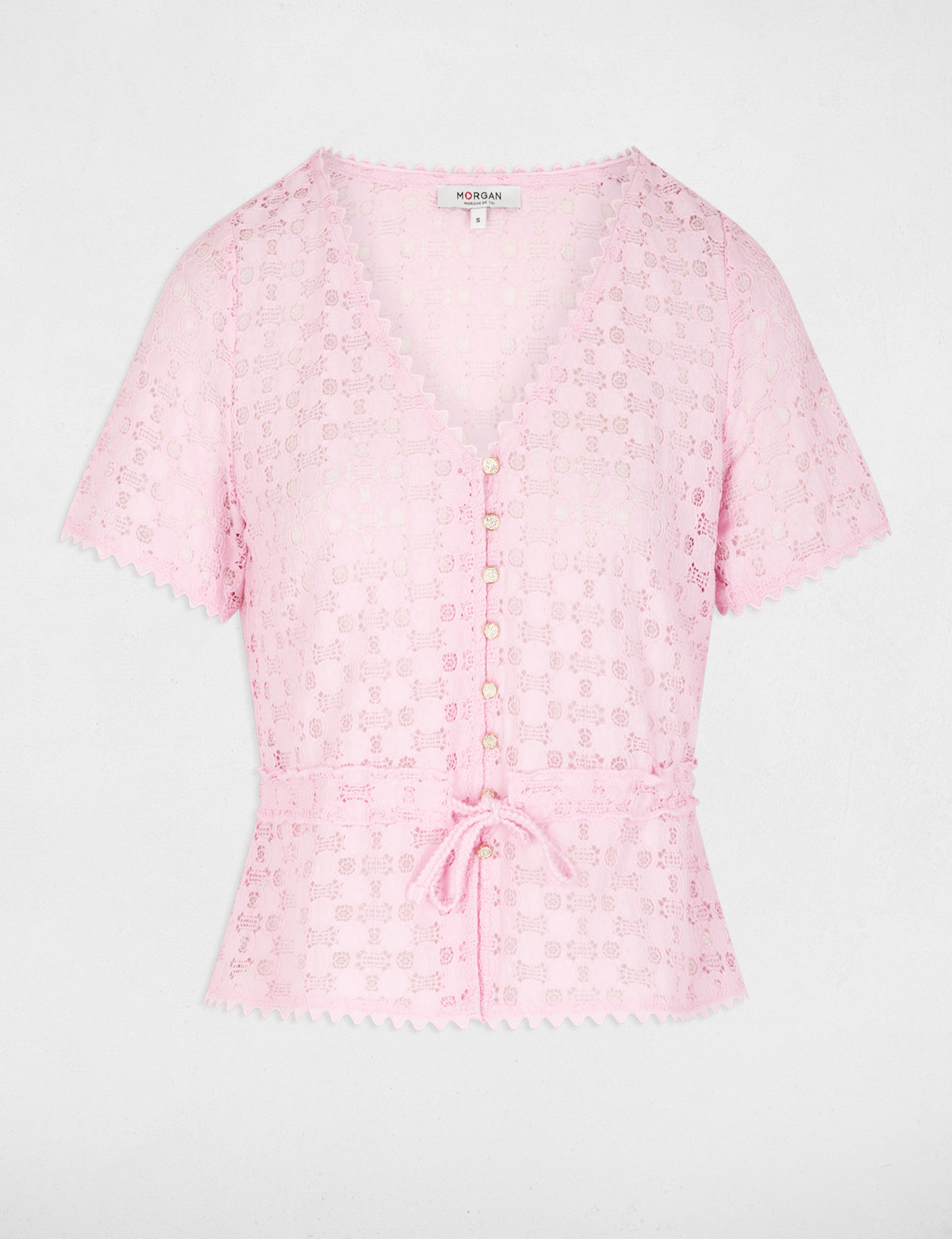 T-shirt korte mouwen van kant roze vrouw