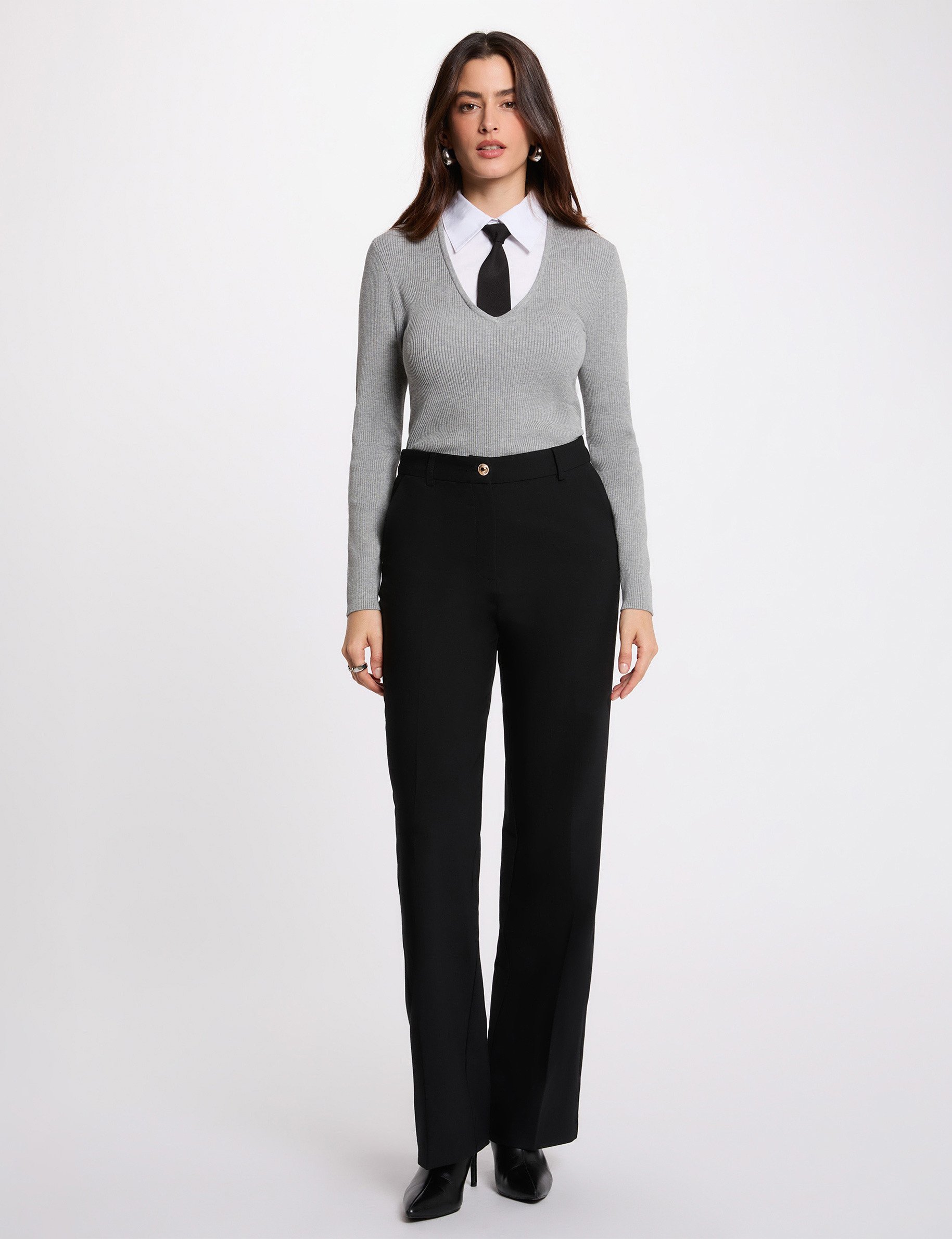 Pull 2-en-1 col à revers gris clair femme